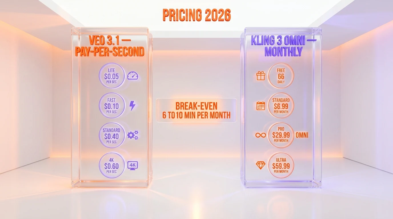 Veo 3.1 vs Kling 3 Omni pricing and latency context — pay-per-second versus monthly subscription comparison