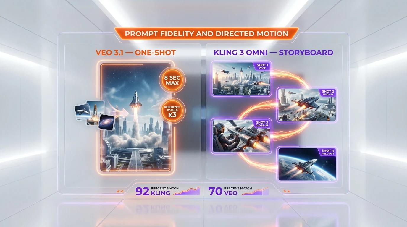 Veo 3.1 vs Kling 3 Omni prompt fidelity and motion comparison — directed motion, character consistency, multi-shot storyboard