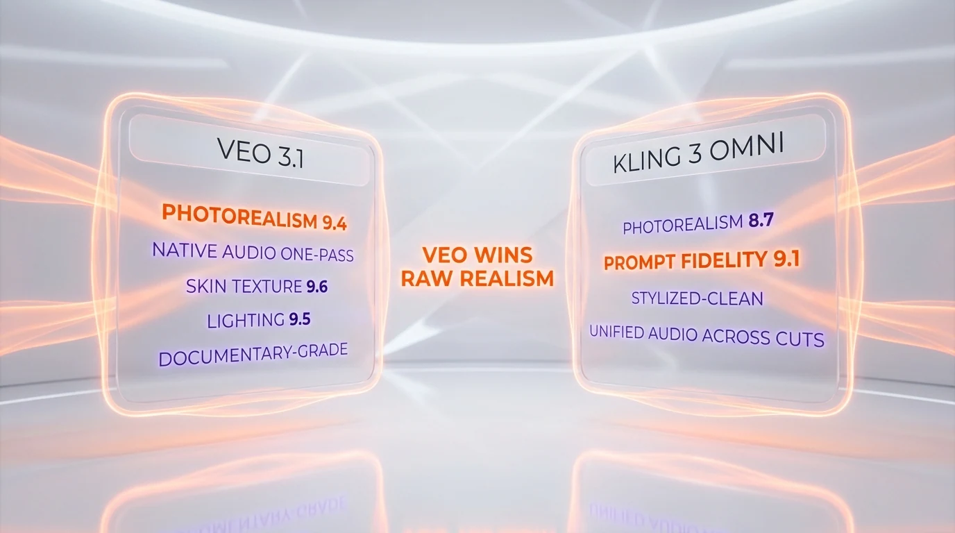 Veo 3.1 vs Kling 3 Omni quality side-by-side — photorealism and motion comparison glassmorphism infographic