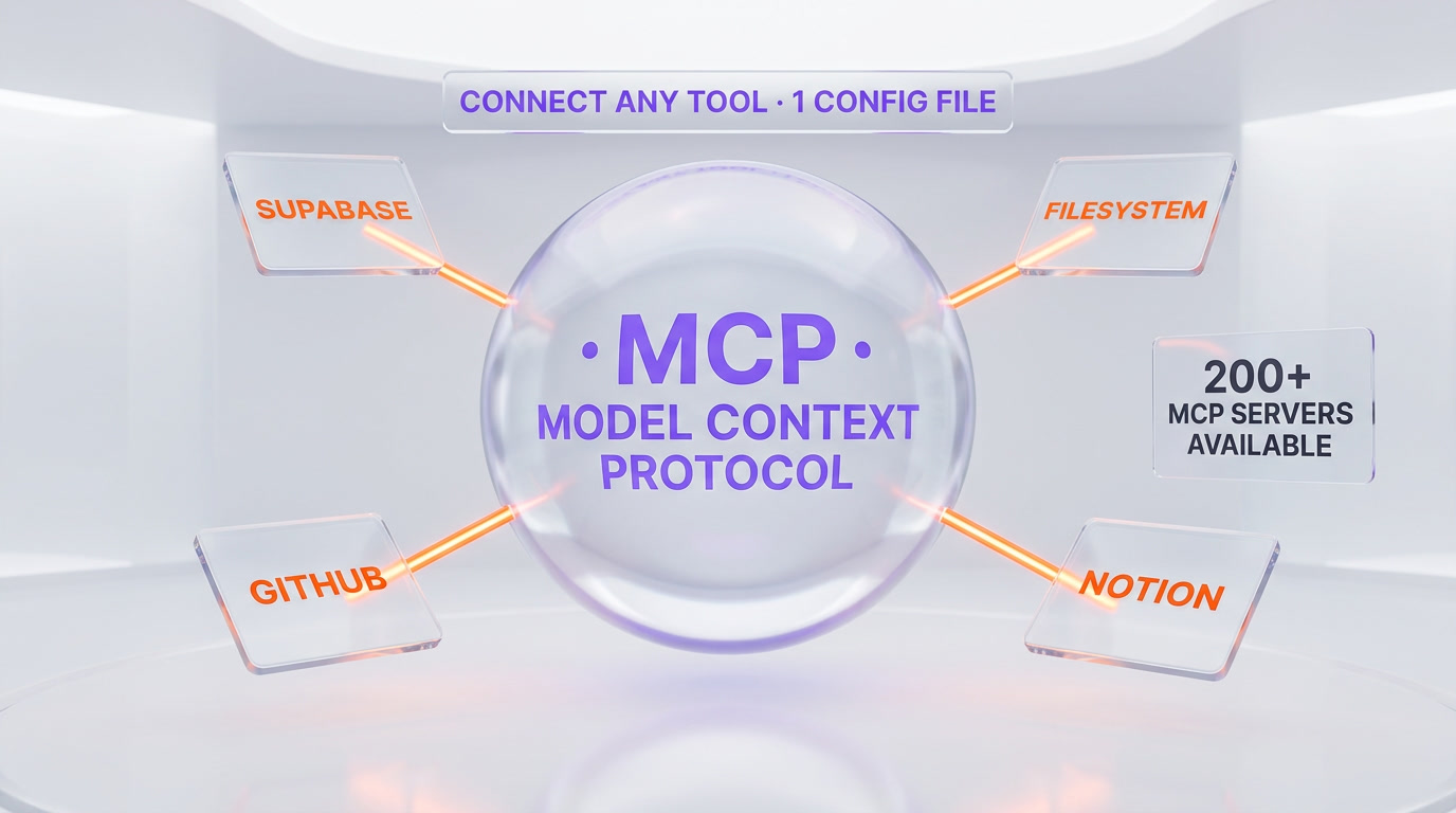 Glass sphere labelled MCP with Supabase, GitHub, Notion and Filesystem tiles orbiting around it