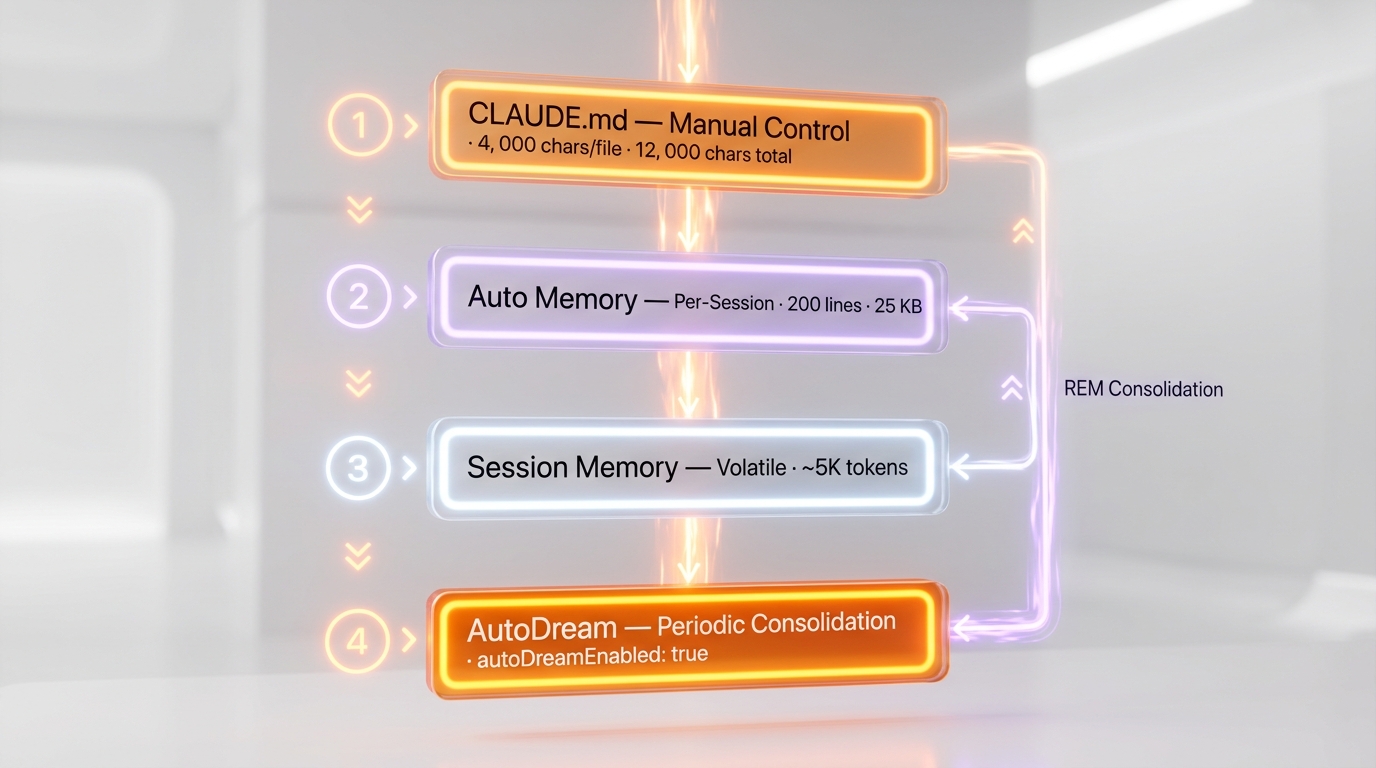 Claude Code Memory Mastery: CLAUDE.md, AutoDream & Context Optimization — 4-Layer Memory Architecture Flow