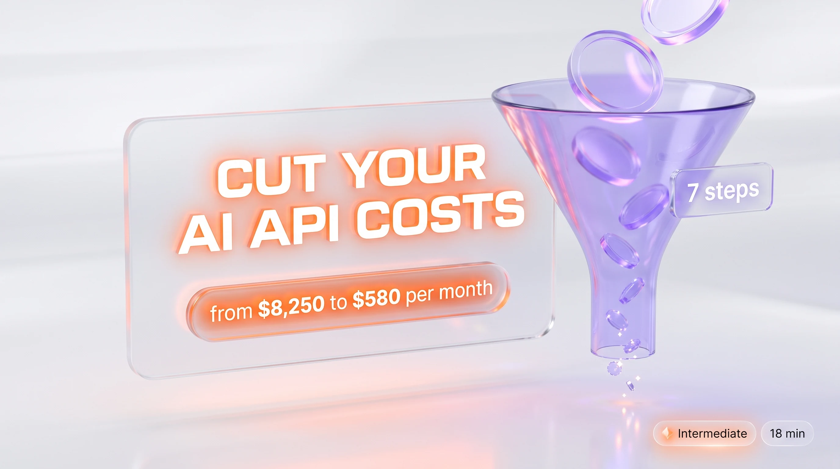 How to cut your AI API costs — illustration showing a monthly bill falling from $8,250 to $580 across 7 steps