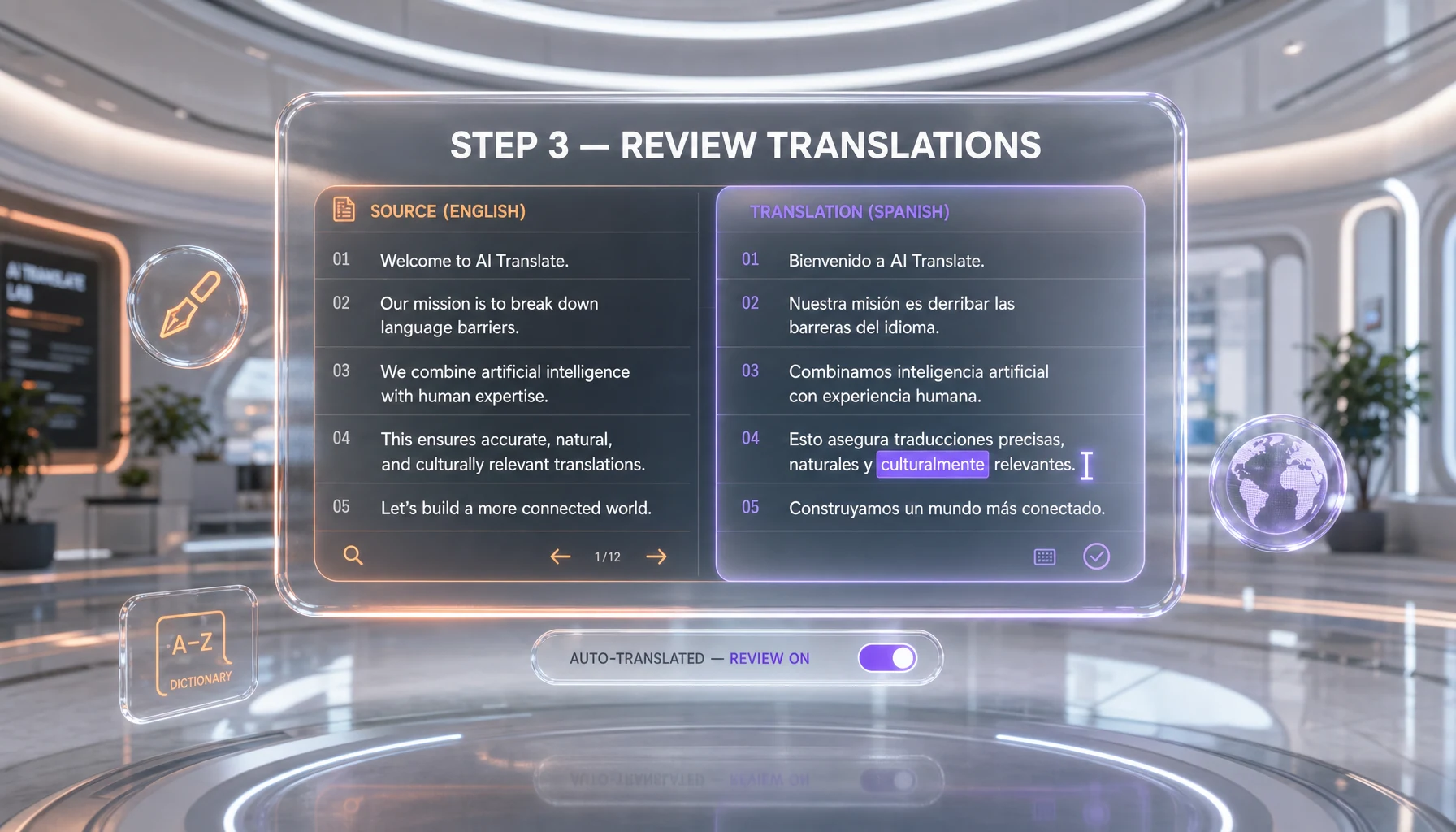 ElevenLabs Dubbing Studio three-pane editor with original transcript, translated text, and video preview