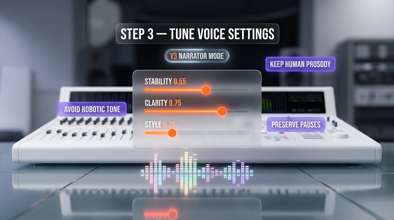 ElevenLabs voice settings panel with three sliders configured for audiobook narration