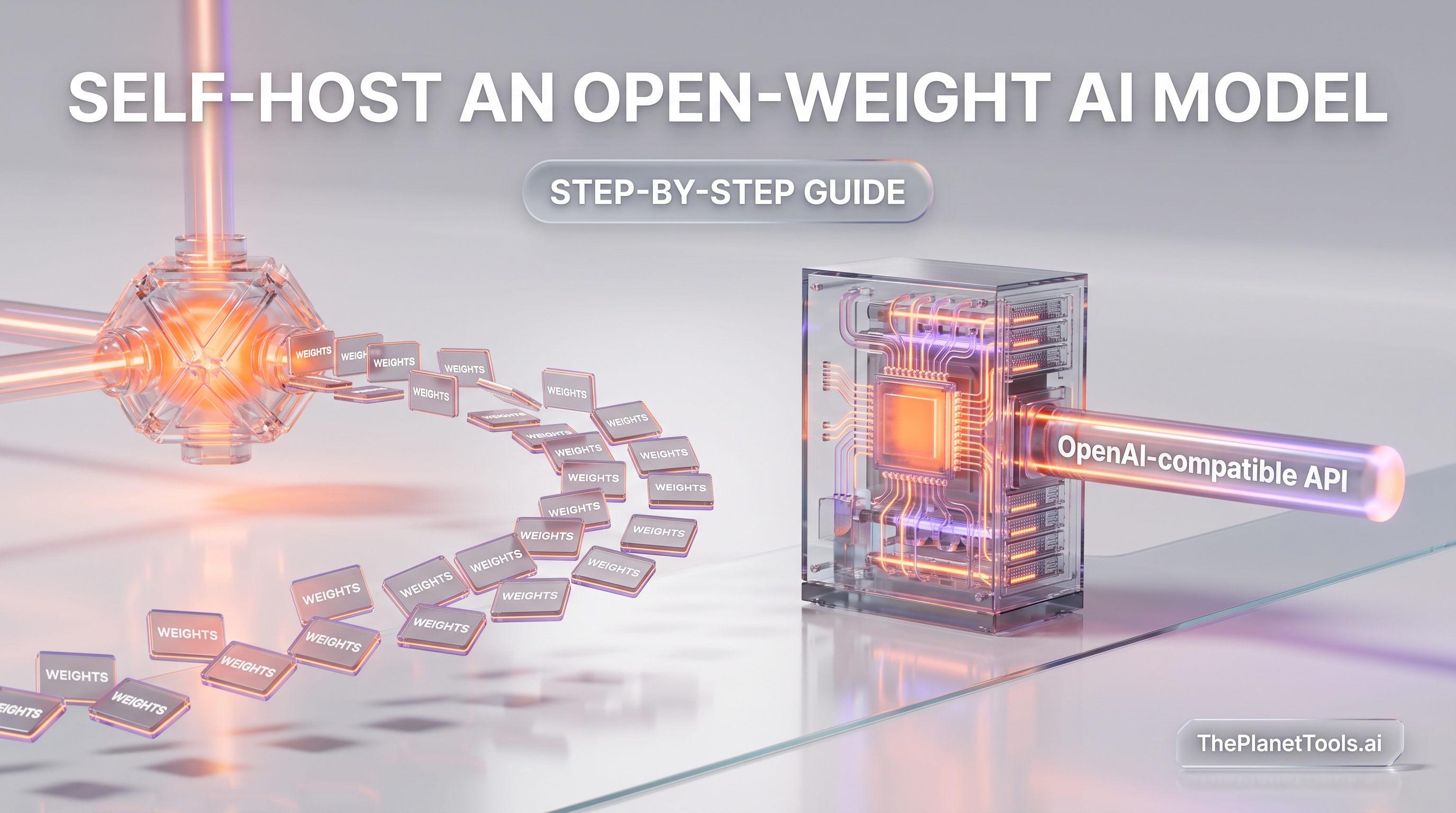 Illustration: self-hosting an open-weight AI model — model weights flowing from a Hugging Face-style hub into a glass GPU server that serves an OpenAI-compatible API
