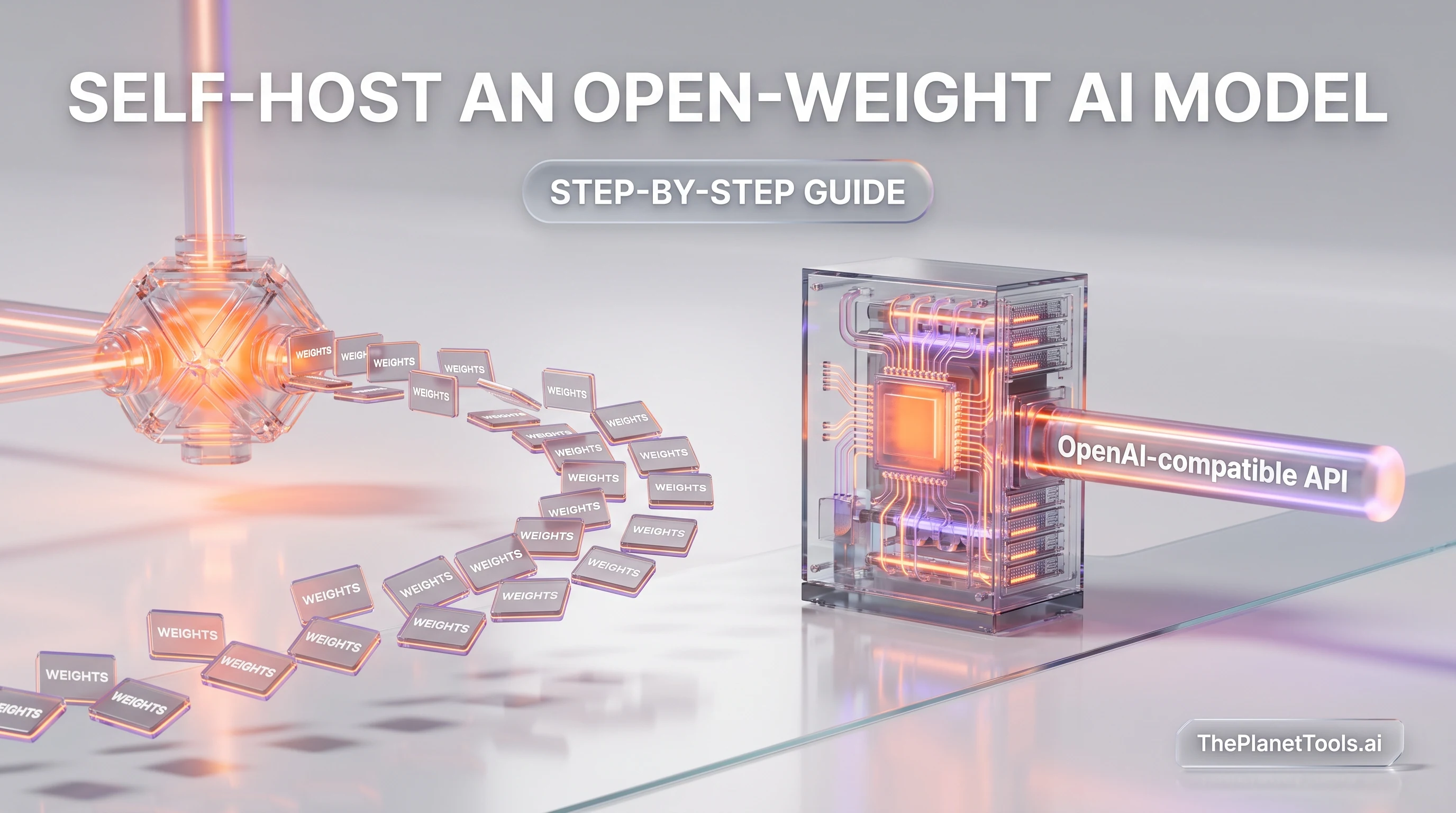 Illustration: self-hosting an open-weight AI model — model weights flowing from a Hugging Face-style hub into a glass GPU server that serves an OpenAI-compatible API