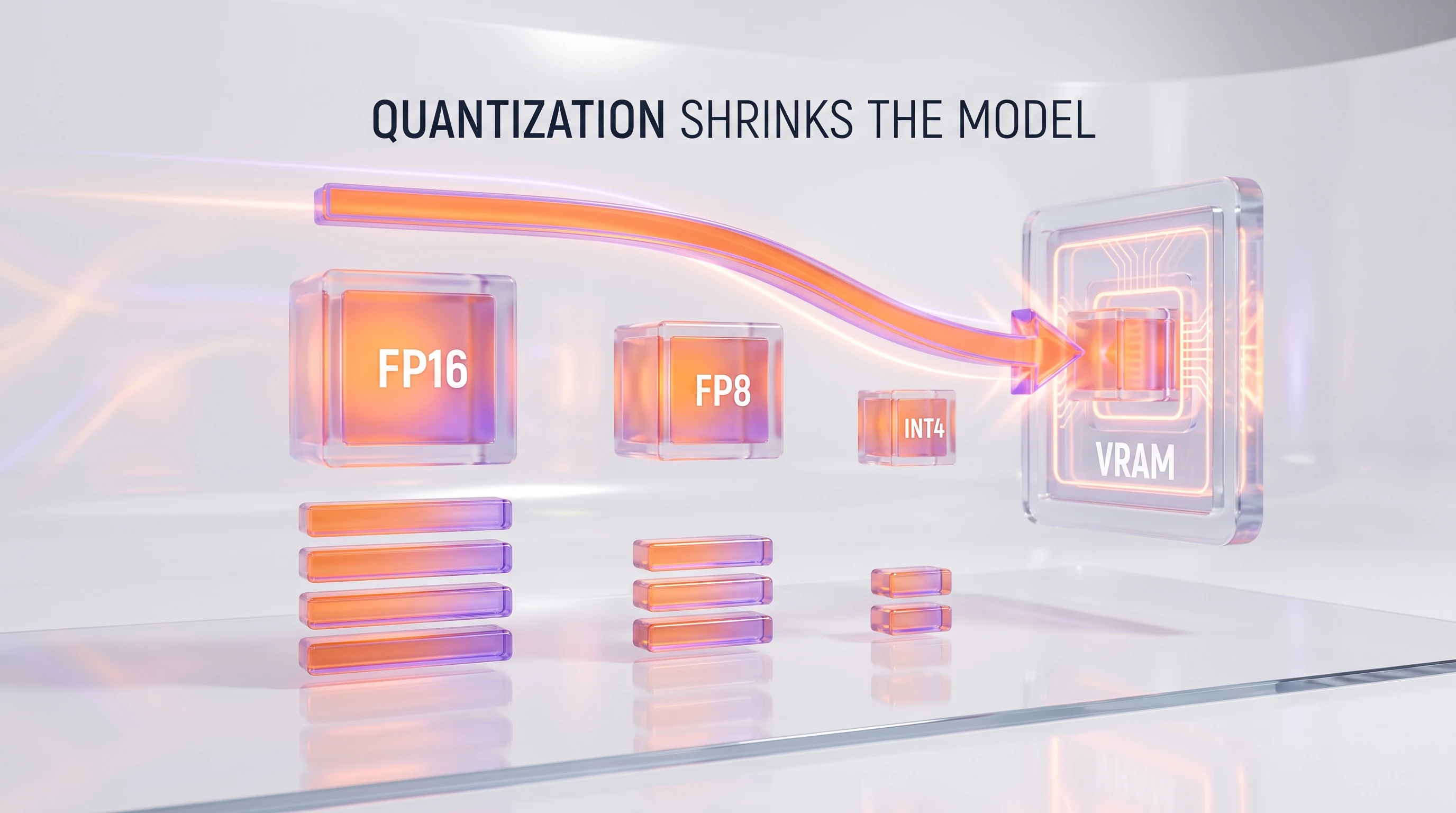 Illustration: the same AI model shrinking across three glass blocks labeled FP16, FP8 and INT4, each smaller than the last, fitting into a GPU memory slot