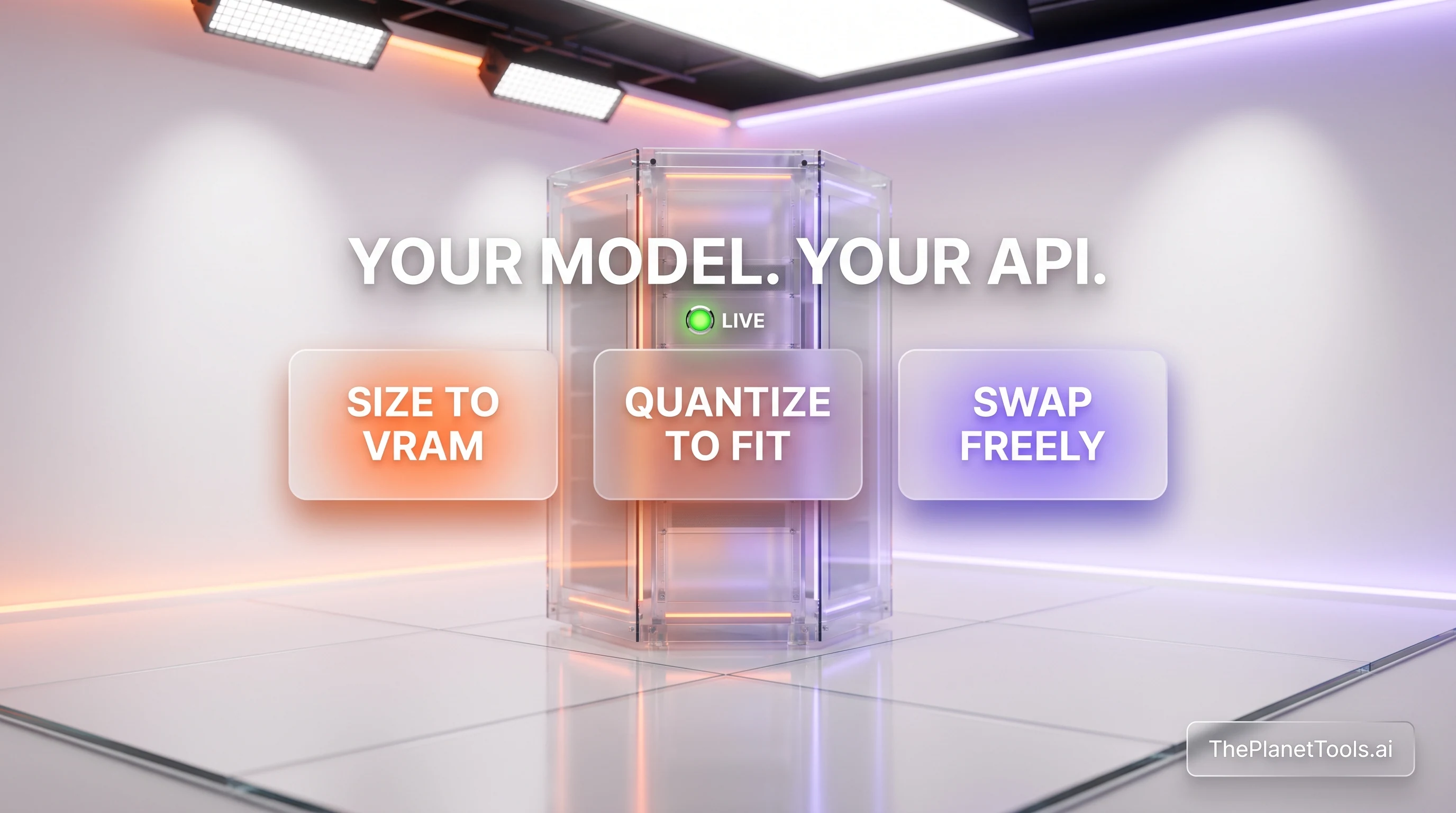 Illustration: a glass server rack with a green live indicator, a self-hosted open-weight model serving an OpenAI-compatible API, with orange and violet takeaway panels