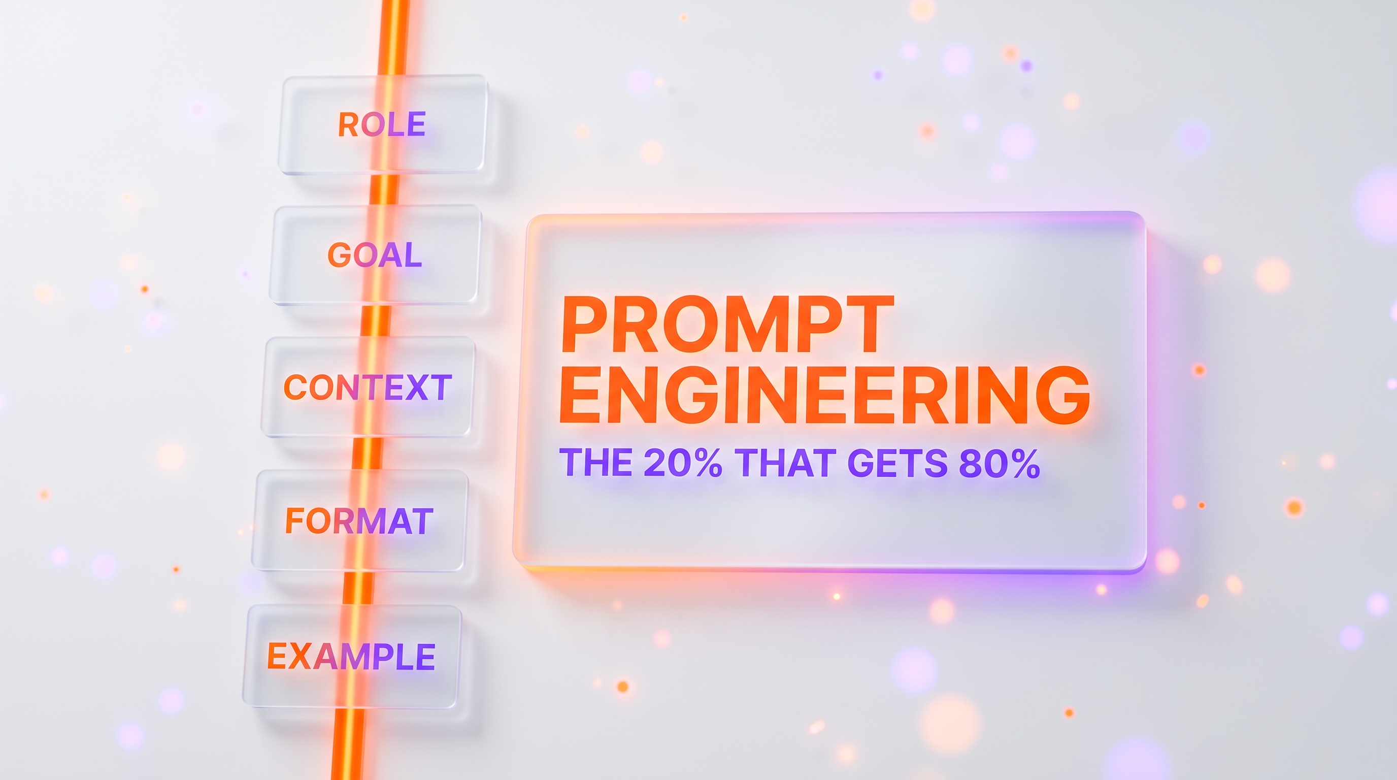 Prompt engineering practical guide hero — a glass card reading PROMPT ENGINEERING with the five-part skeleton Role, Goal, Context, Format, Example