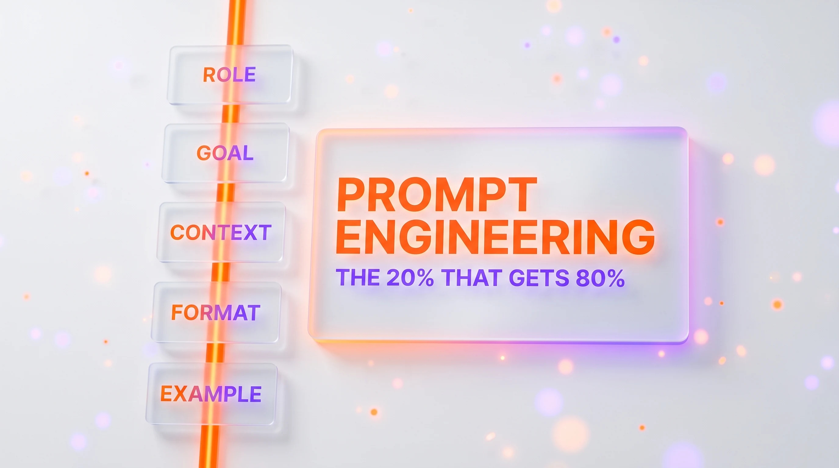 Prompt engineering practical guide hero — a glass card reading PROMPT ENGINEERING with the five-part skeleton Role, Goal, Context, Format, Example