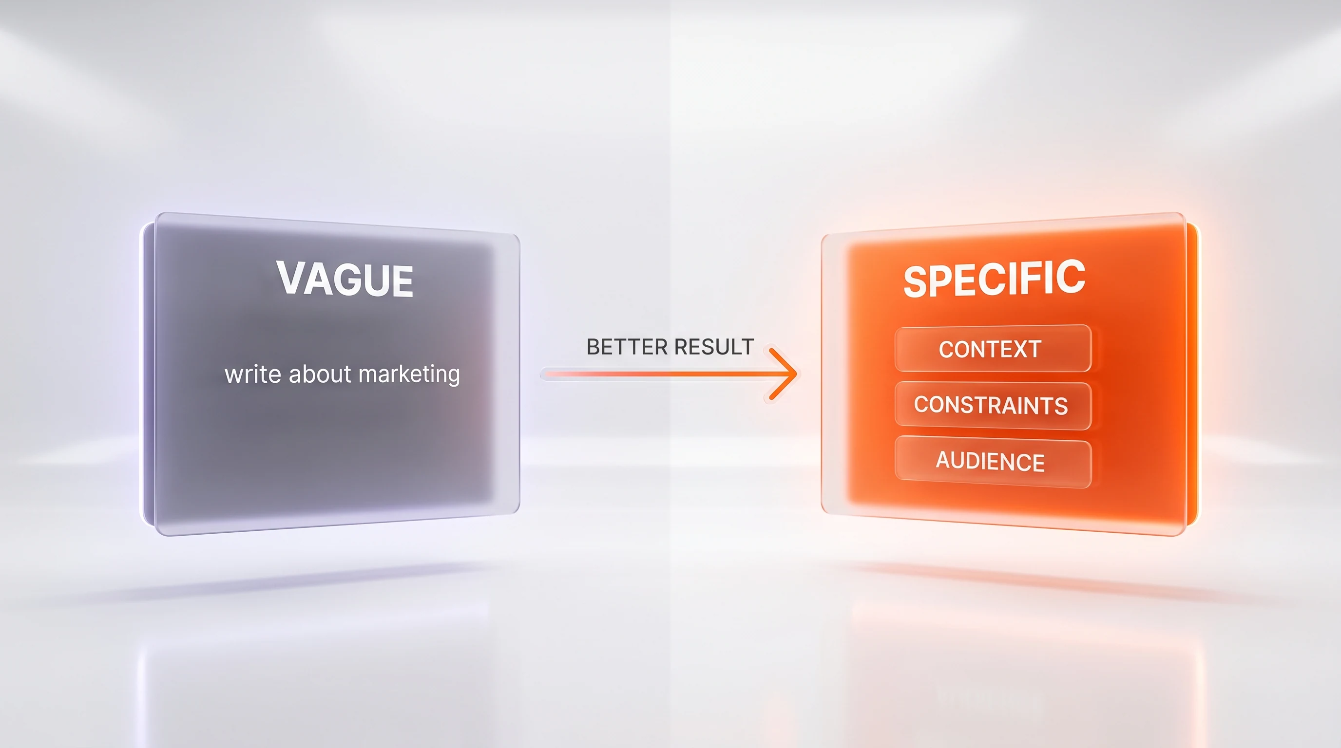 A split panel comparing a vague prompt on the left with a specific prompt on the right that adds context, constraints, and audience
