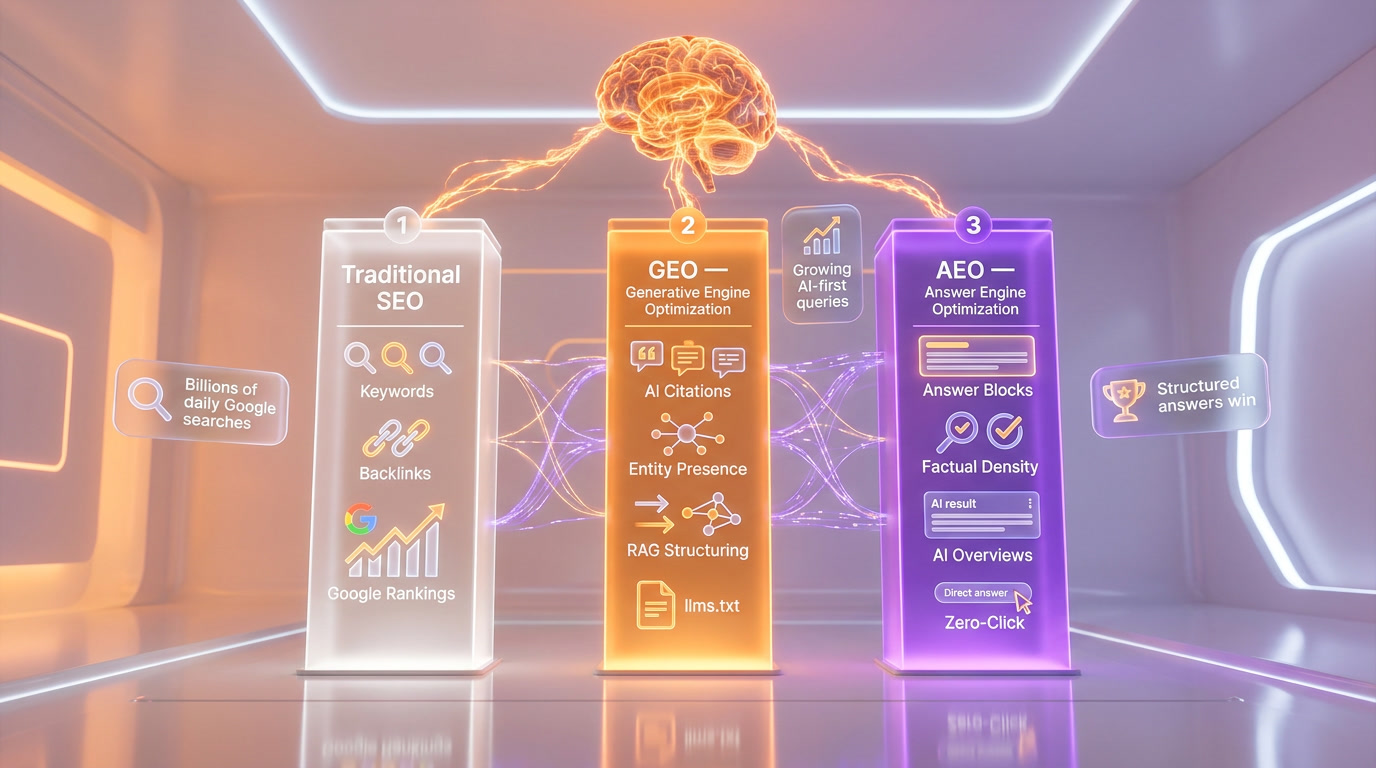 SEO in the Age of AI: GEO, AEO, and How to Rank in 2026 — SEO vs GEO vs AEO Comparison