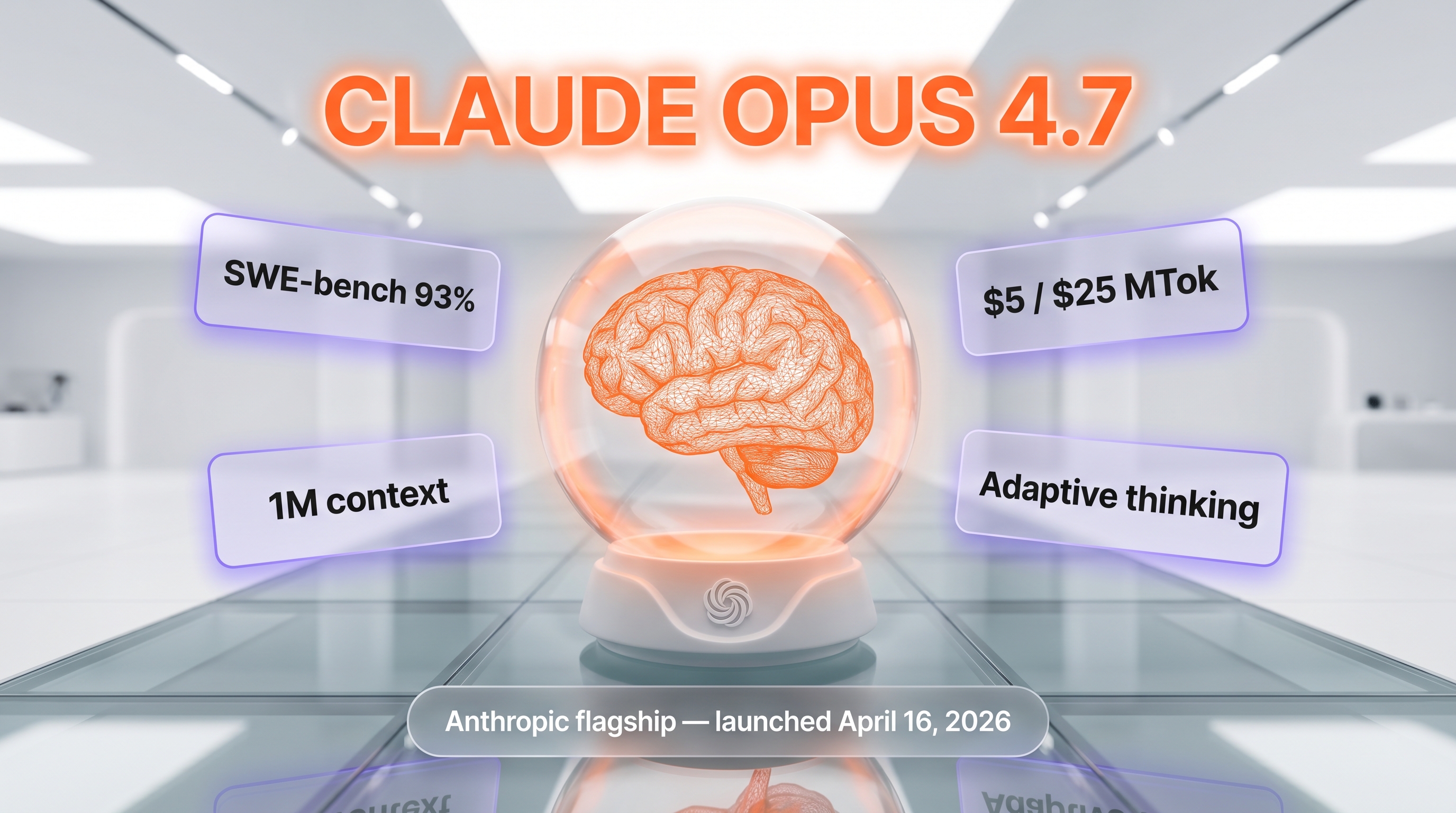 Claude Opus 4.7 — Anthropic flagship AI model with 1M context window, SWE-bench 93%, and adaptive thinking