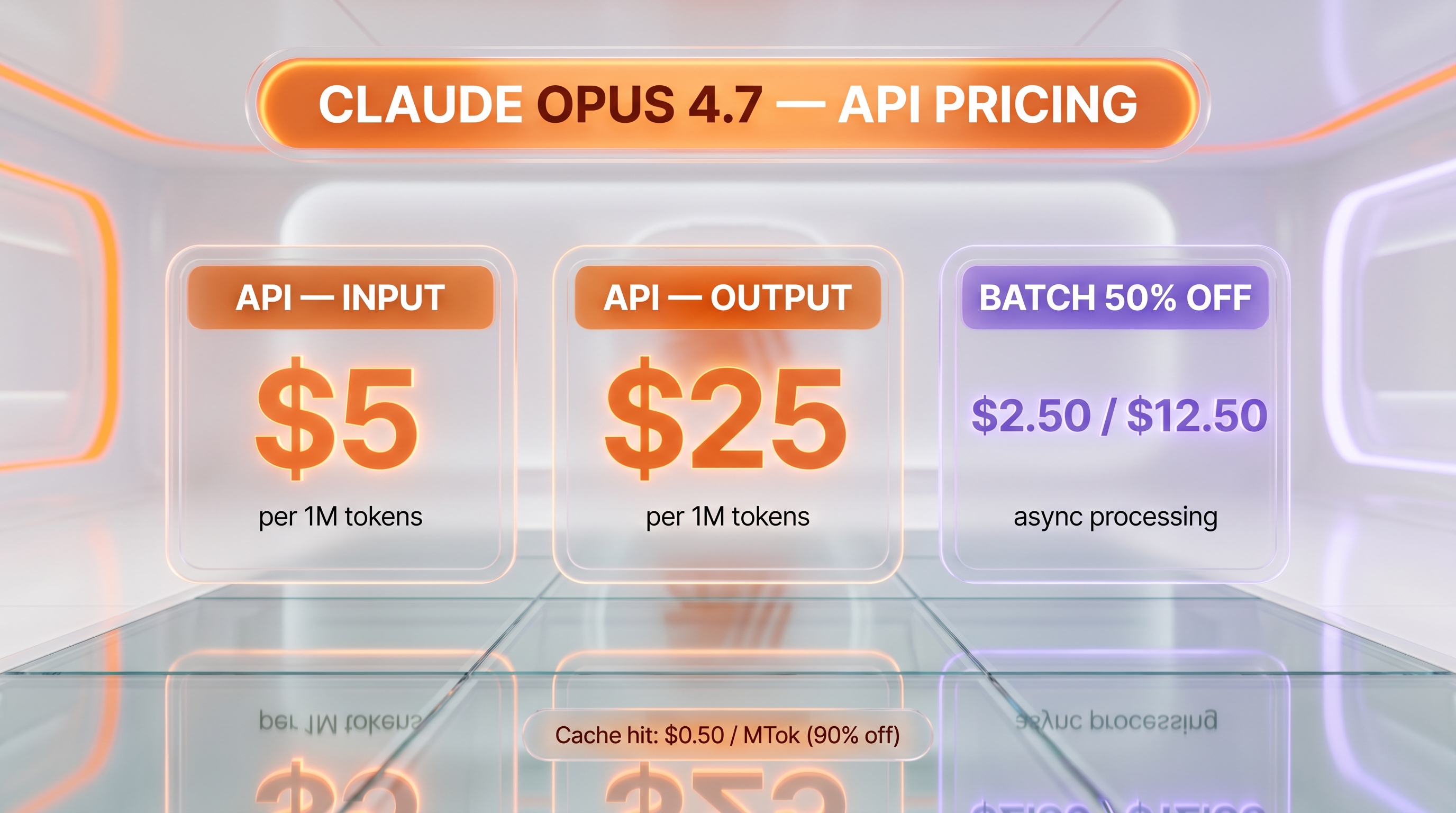 Claude Opus 4.7 API pricing — $5 input, $25 output per million tokens, 50% batch discount