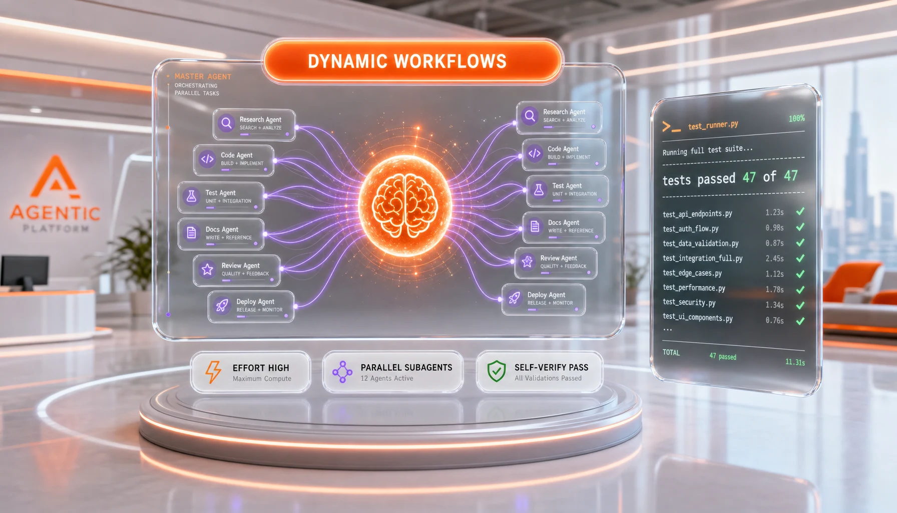 Claude Opus 4.8 Dynamic Workflows orchestrating parallel subagents inside an agentic coding command-line interface, with effort controls and self-verification