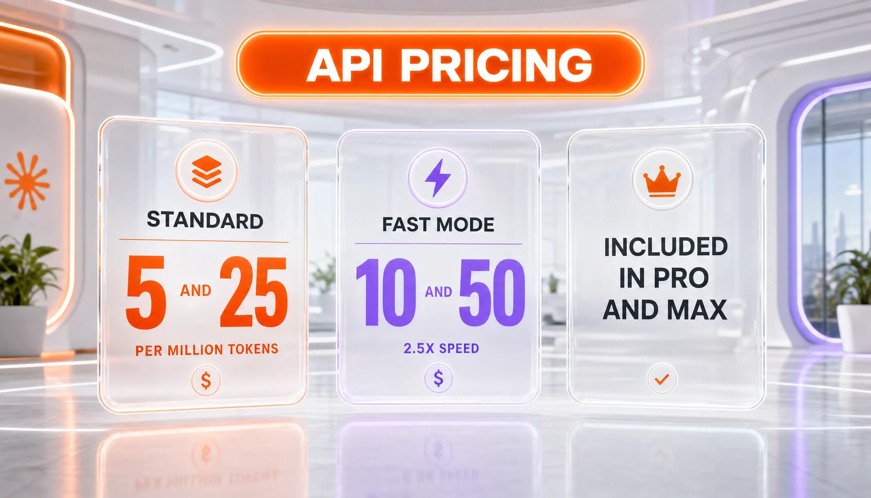 Claude Opus 4.8 API pricing visualized as glassmorphism cards: 5 dollars per million input tokens, 25 dollars per million output tokens, and Fast Mode at double the rate for 2.5x speed