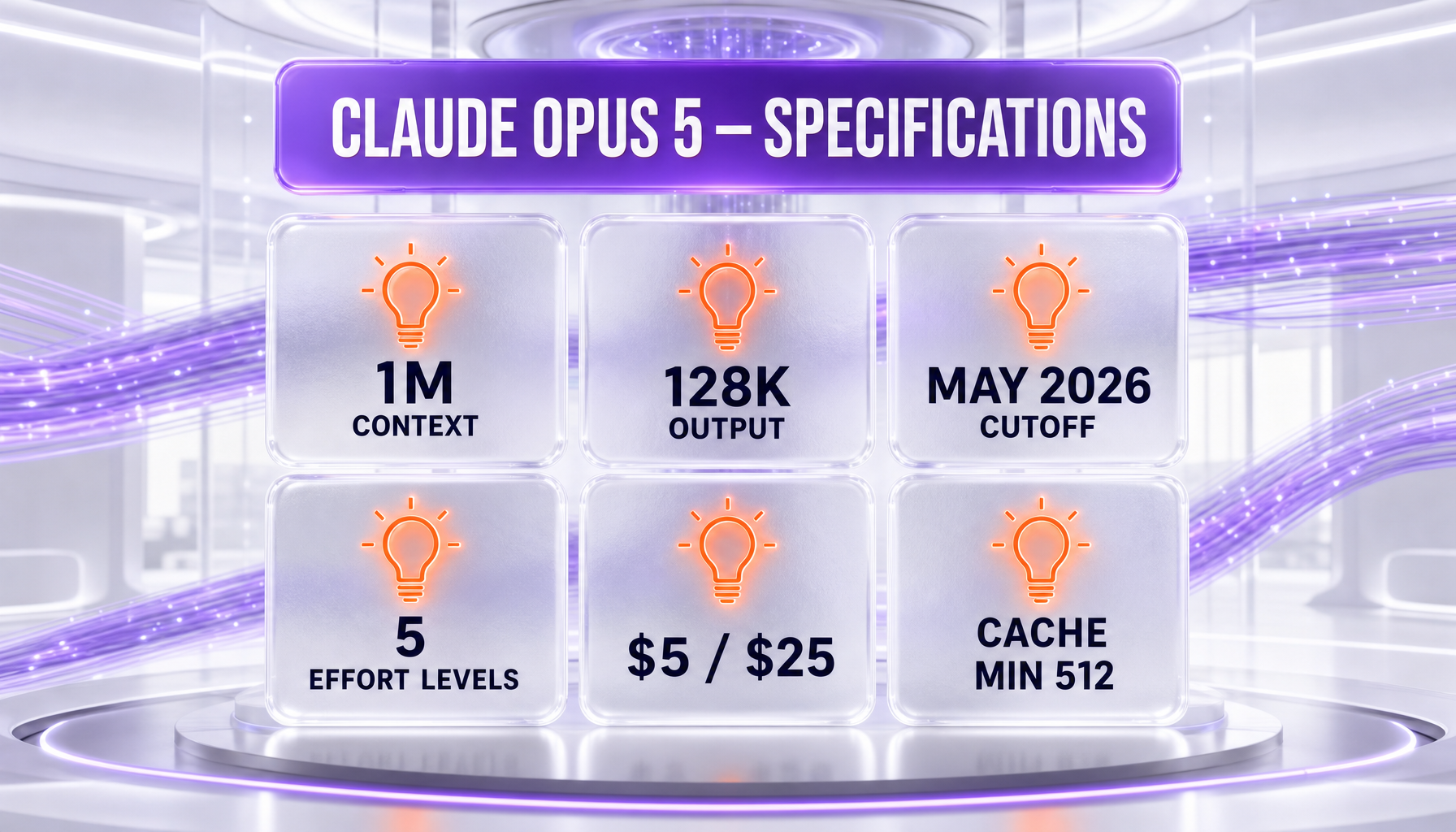 Claude Opus 5 specifications: 1M context, 128k output, May 2026 cutoff, five effort levels