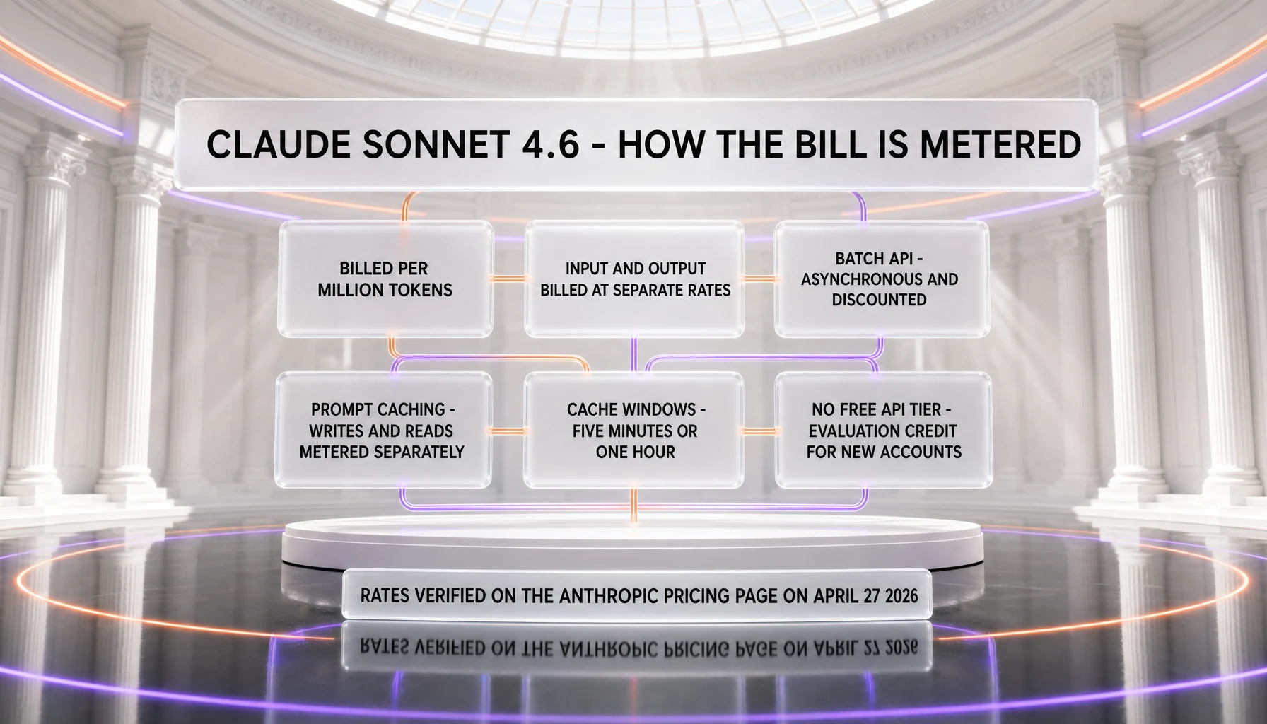 How Claude Sonnet 4.6 is billed — per million tokens with input and output at separate rates, a discounted asynchronous Batch API, prompt caching whose writes and reads are metered separately over five-minute or one-hour windows, and no free API tier beyond an evaluation credit for new accounts