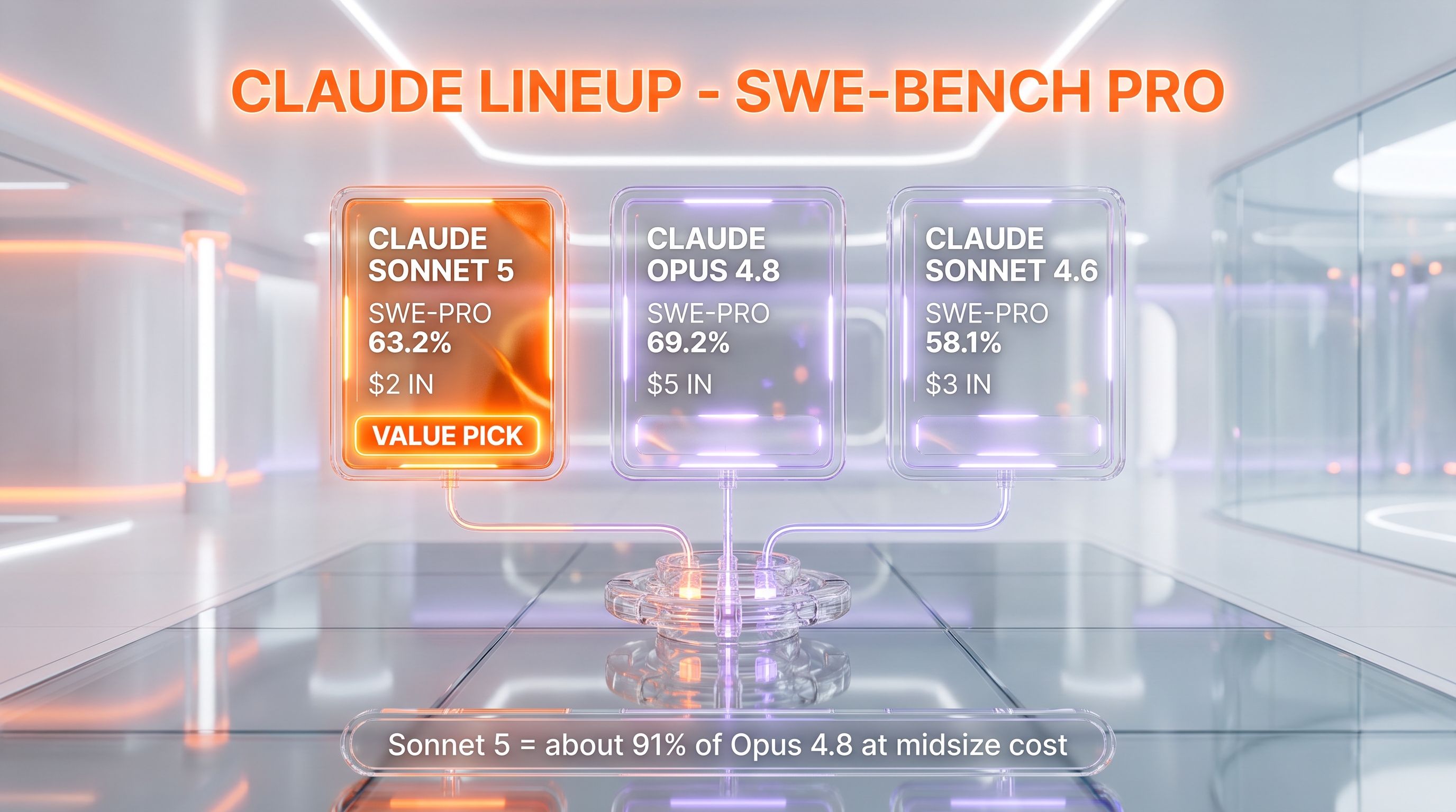 Claude Sonnet 5 versus Claude Opus 4.8 versus Claude Sonnet 4.6 on SWE-bench Pro and price