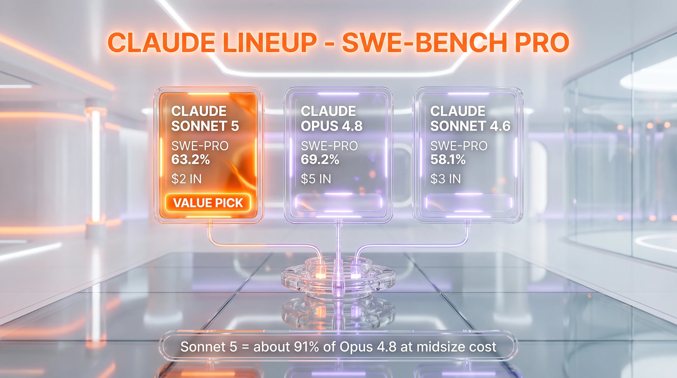 Claude Sonnet 5 versus Claude Opus 4.8 versus Claude Sonnet 4.6 on SWE-bench Pro and price