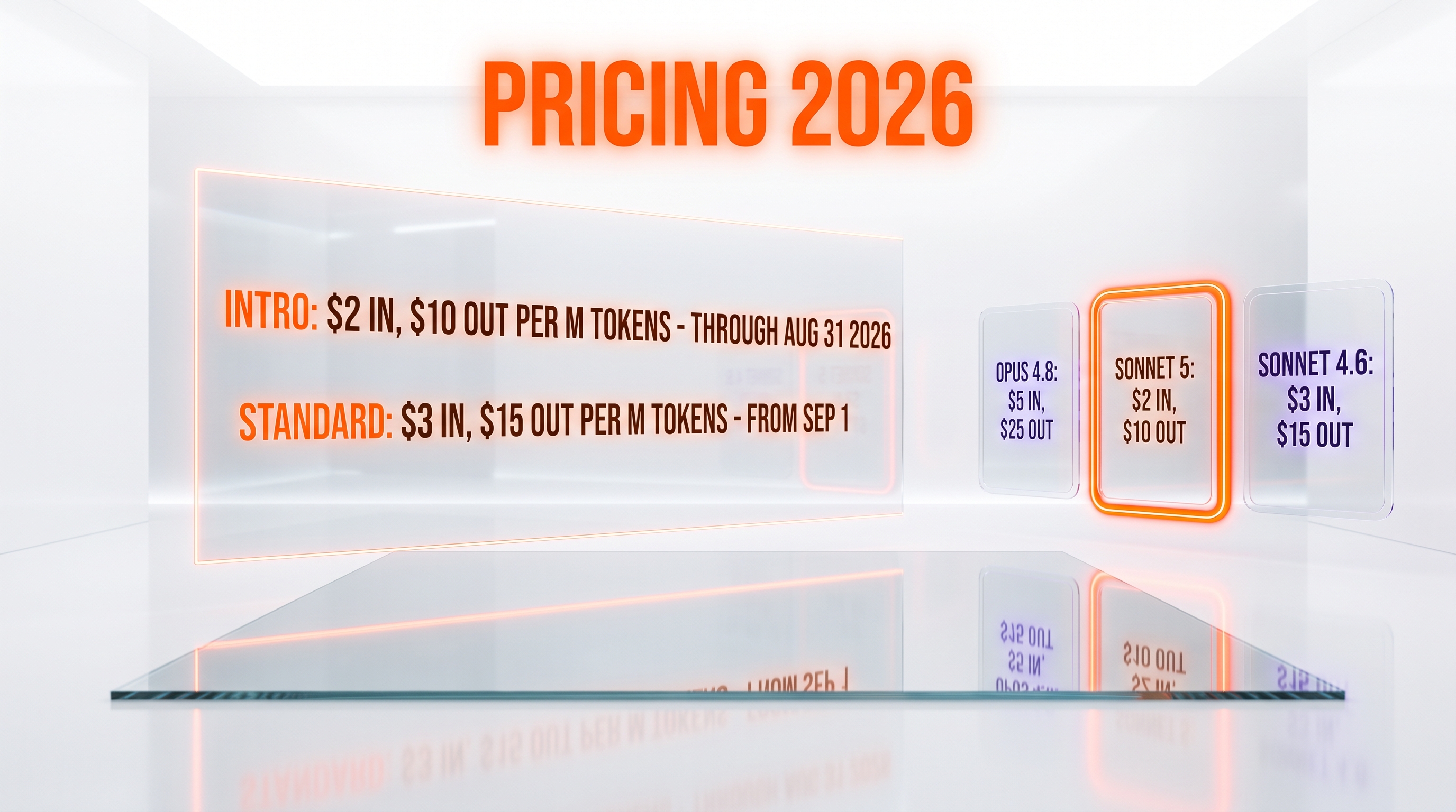 Claude Sonnet 5 pricing — $2 per million input tokens intro, $3 standard, versus Opus 4.8 and Sonnet 4.6