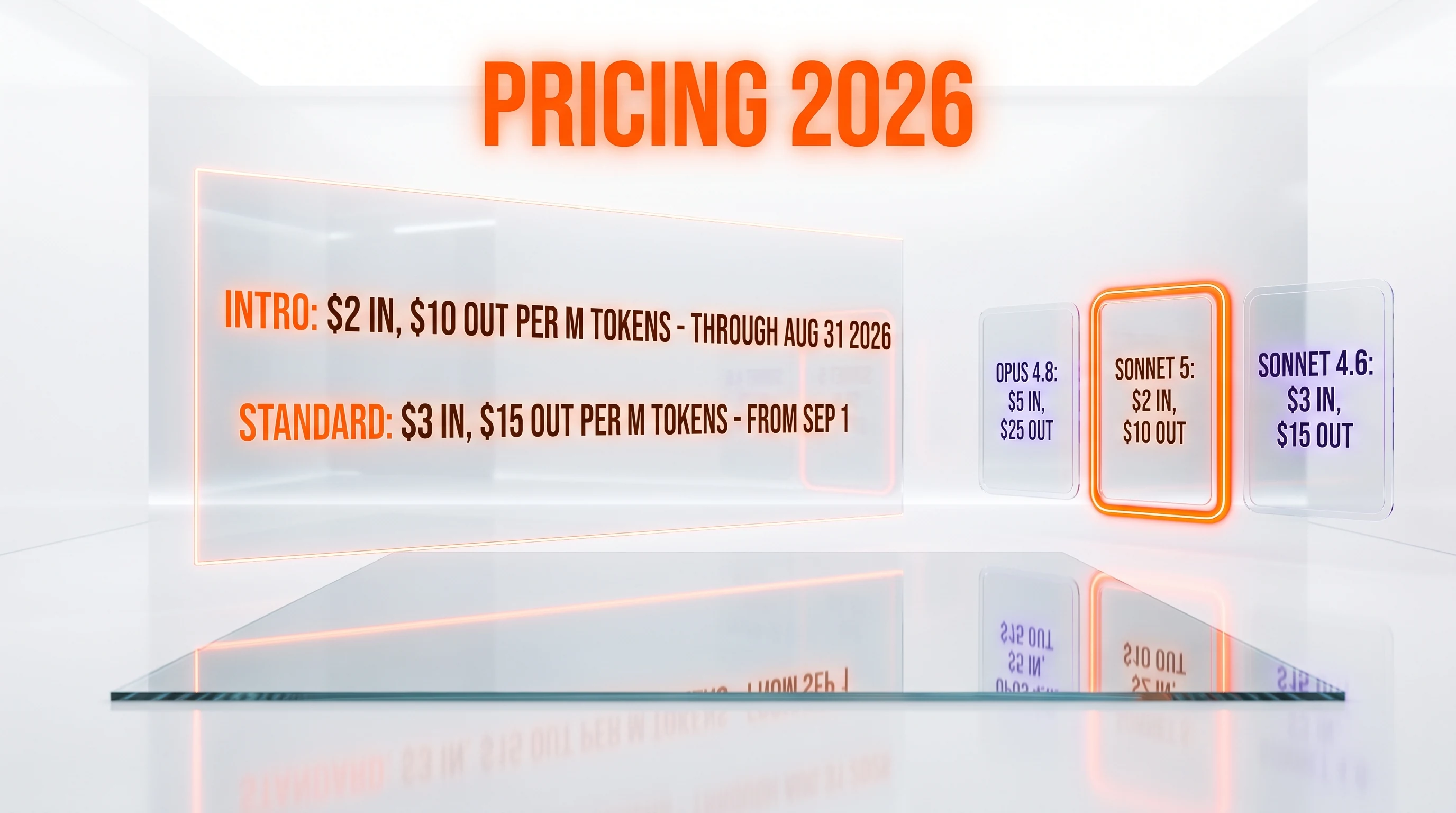 Claude Sonnet 5 pricing — $2 per million input tokens intro, $3 standard, versus Opus 4.8 and Sonnet 4.6