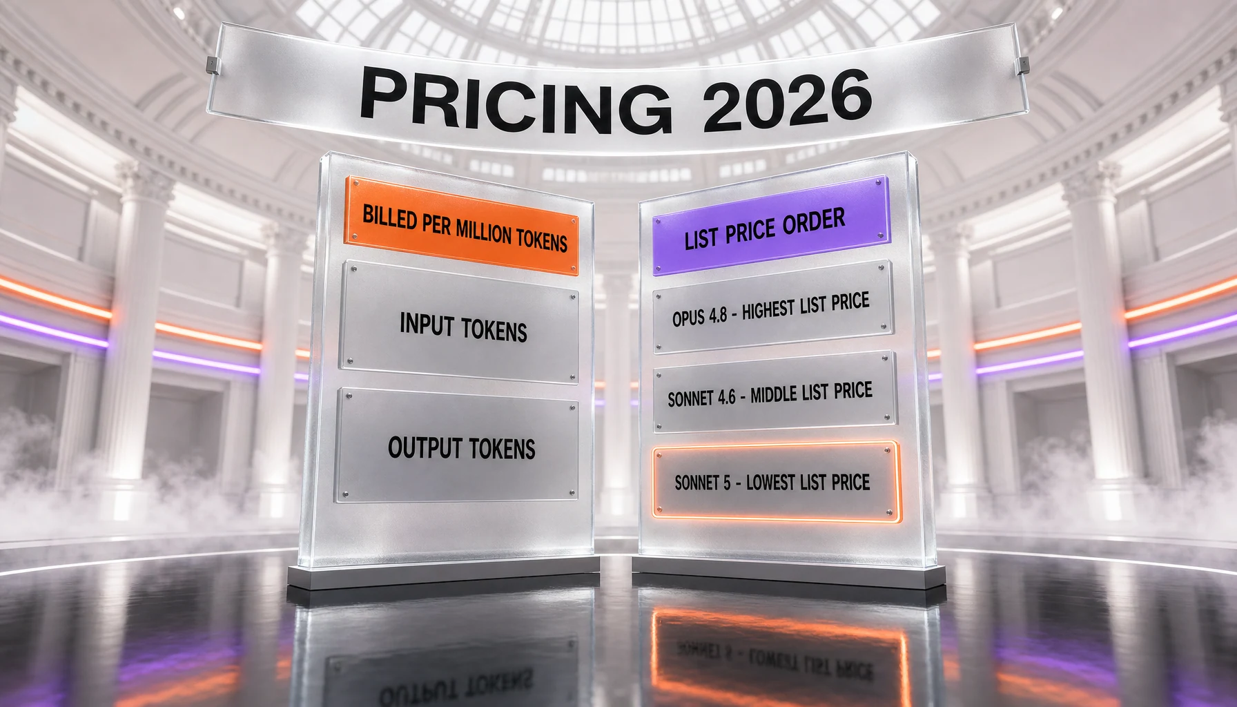 Claude Sonnet 5 pricing — billed per million input and output tokens, and the lowest list price of the three Claude models shown, ahead of Sonnet 4.6 and Opus 4.8