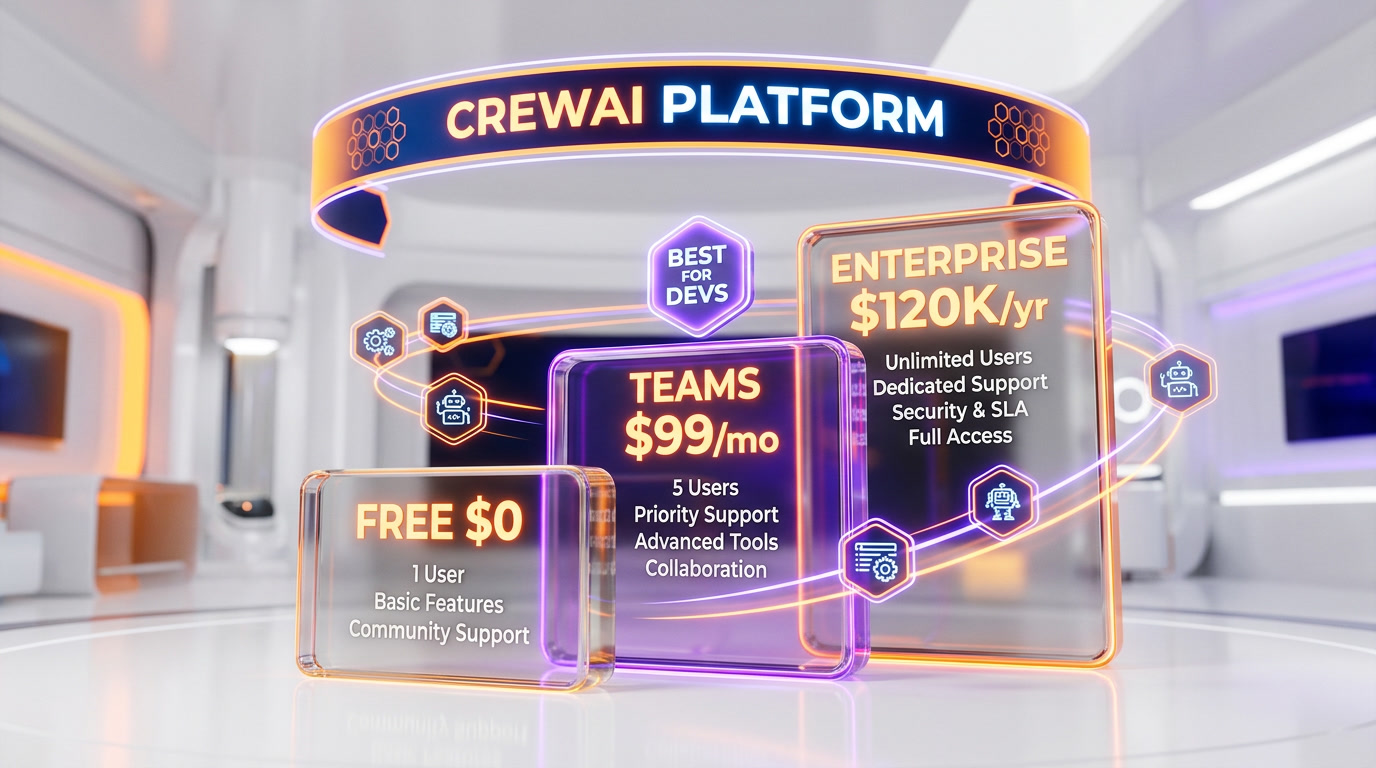CrewAI pricing 2026 — free open-source framework, free Basic AMP plan with 50 monthly executions, and a custom-priced Enterprise tier