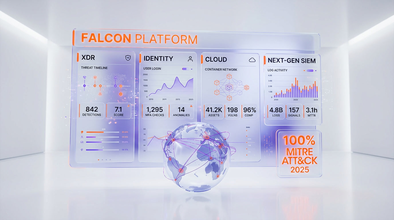CrowdStrike Falcon platform dashboard with XDR, Identity, Cloud, and Next-Gen SIEM panels and the 100% MITRE ATT&CK 2025 badge