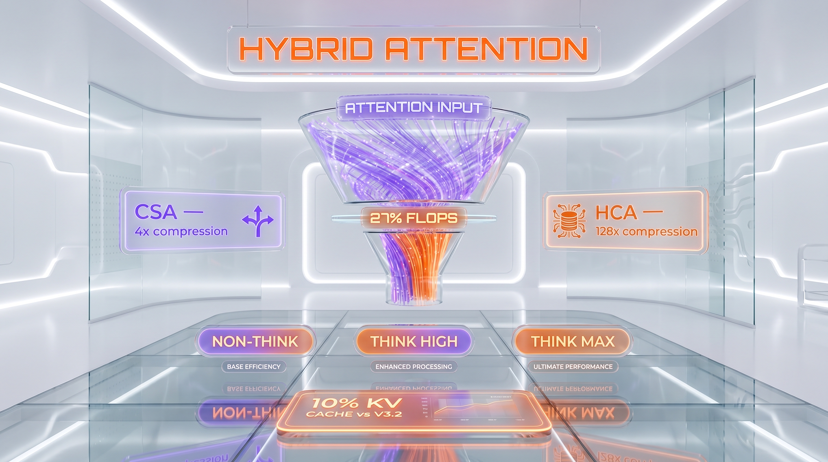 DeepSeek V4 architecture — Hybrid Attention CSA plus HCA, MoE 1.6T total 49B active, 1M context, three thinking modes