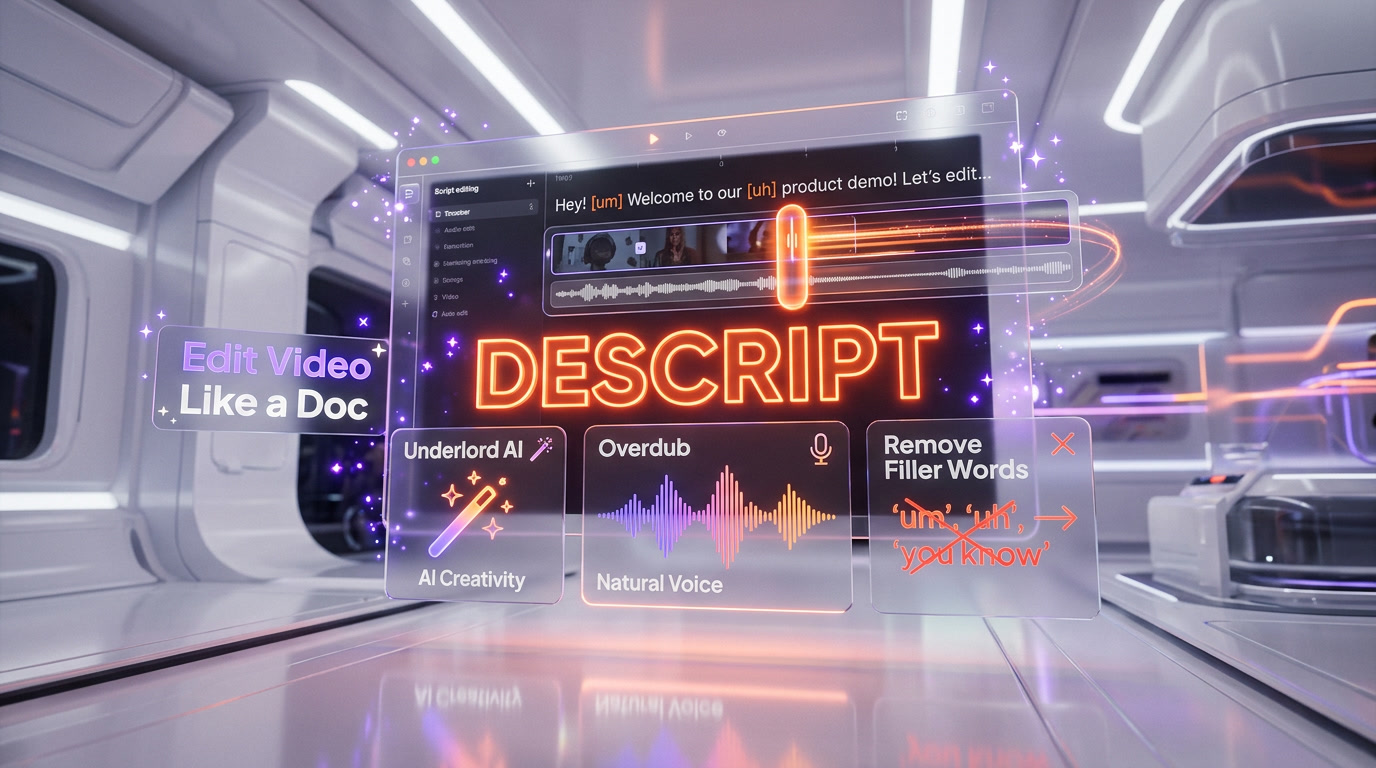 Descript transcript-based editing interface showing waveform, speaker labels, and Underlord AI panel for filler word removal