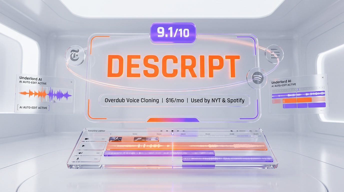 Descript AI audio and video editor review — transcript-based editing, Underlord AI agent, Overdub voice cloning, Studio Sound
