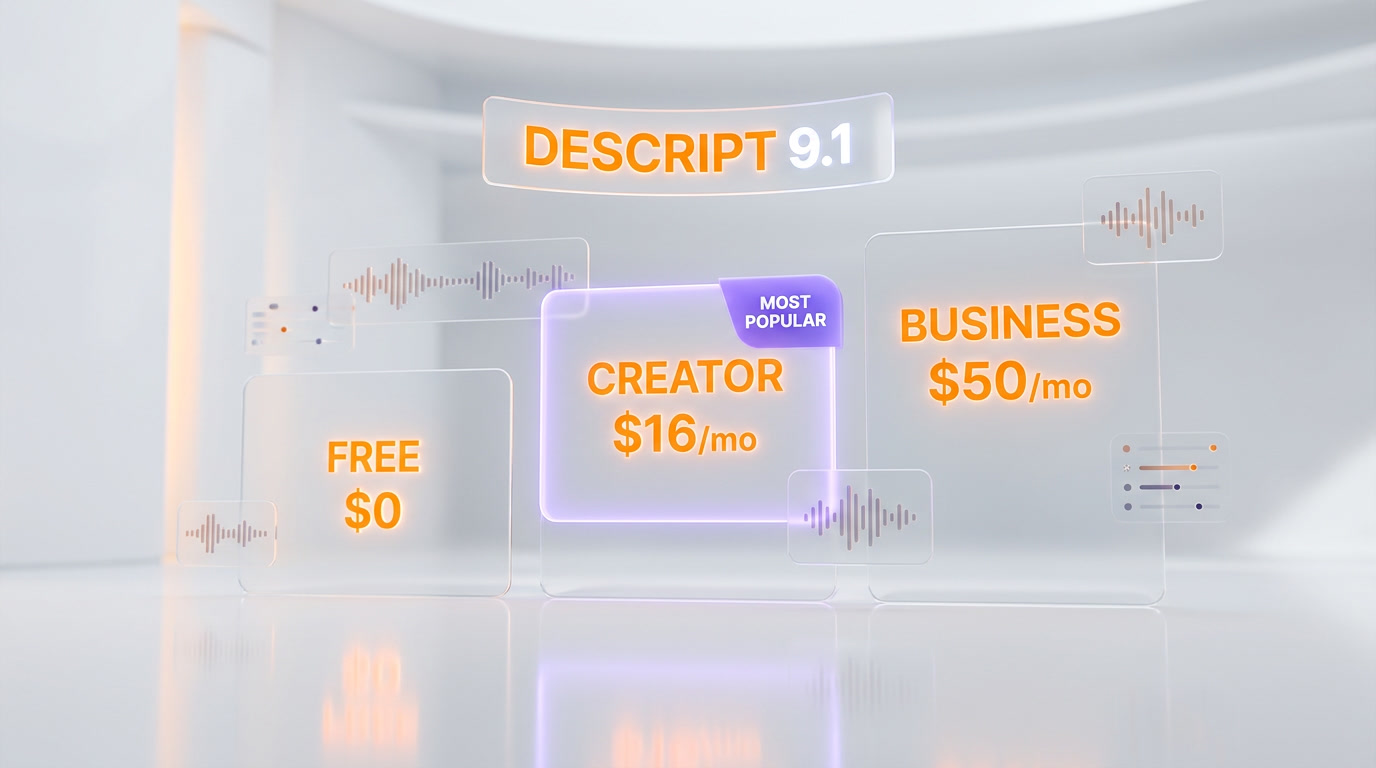 Descript pricing 2026 — Free, Hobbyist $16 per month annual, Creator $24 per month annual, Business $50 per month per user annual, Enterprise custom