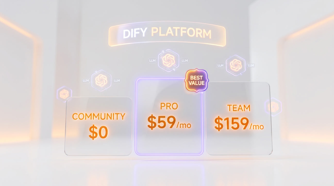 Dify pricing tiers 2026 — Sandbox free, Professional $59 per month, Team $159 per month, Enterprise custom, Community self-hosted free