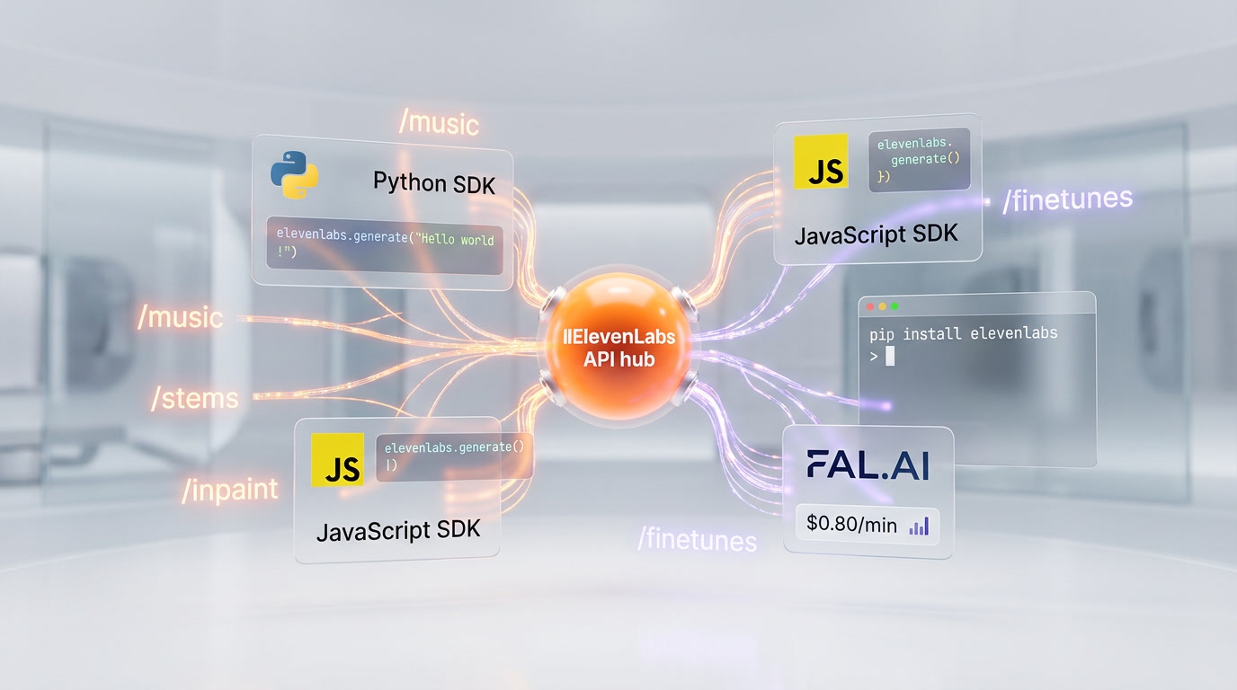 ElevenMusic API integration diagram -- Python SDK, JavaScript SDK, FAL.AI