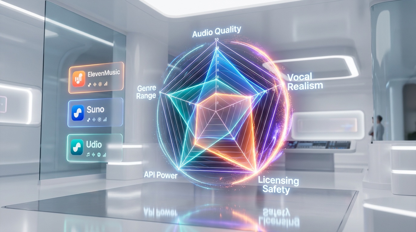ElevenMusic vs Suno vs Udio feature comparison radar chart 2026