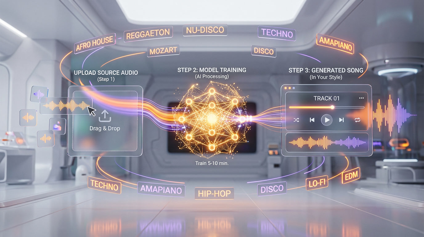 ElevenMusic custom finetune workflow -- upload tracks, train model, generate in your style