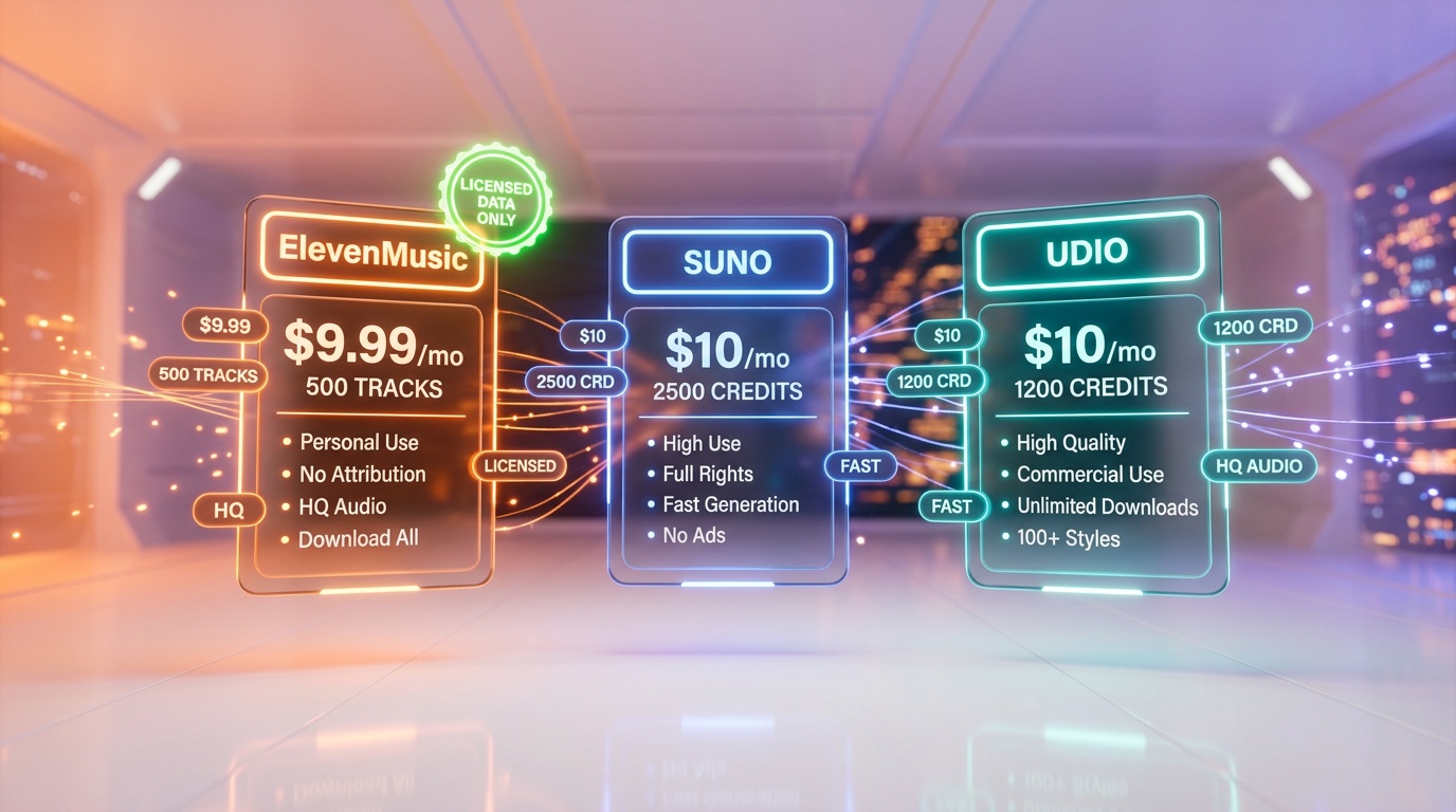 ElevenMusic vs Suno vs Udio pricing comparison table April 2026