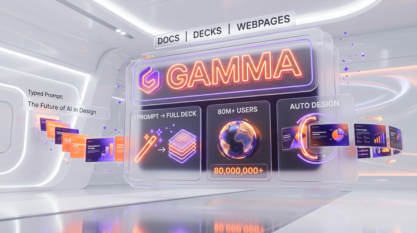 Gamma AI card layouts demo — nine card formats including columns, timeline, grid, gallery, and quote