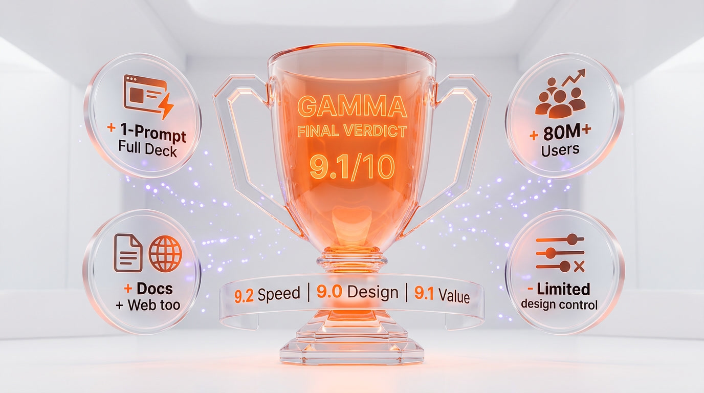 Gamma AI verdict — 9.1 out of 10, the AI-native canvas replacing PowerPoint