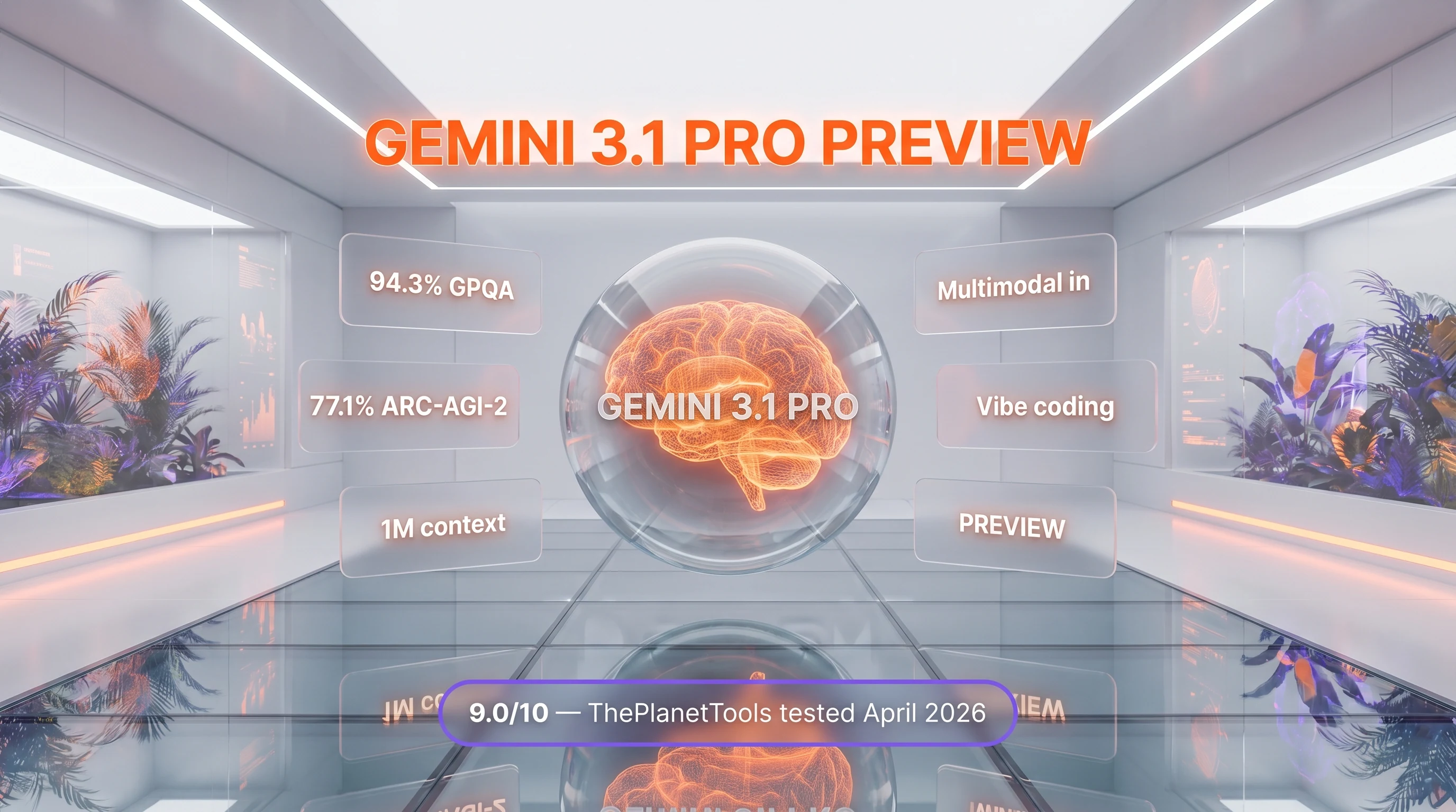Gemini 3.1 Pro Preview review — 9.0 out of 10, 94.3% GPQA Diamond, Preview status April 2026