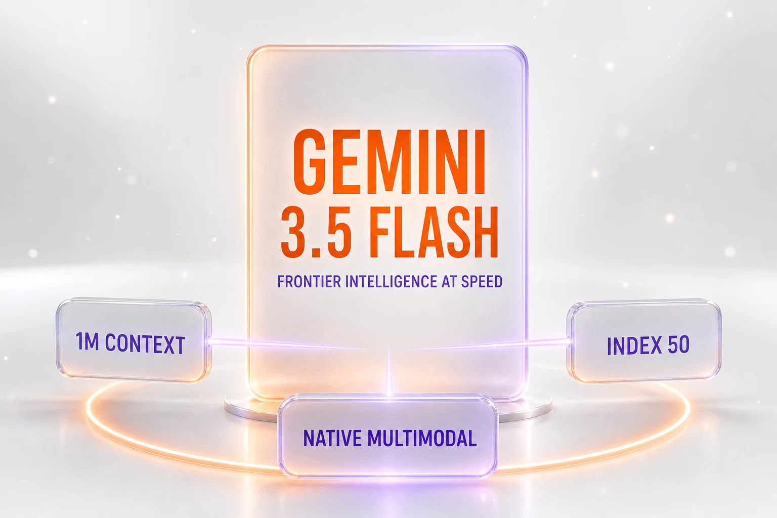 Gemini 3.5 Flash final verdict illustration — frontier intelligence at speed, 1M context, multimodal, Artificial Analysis Index 50