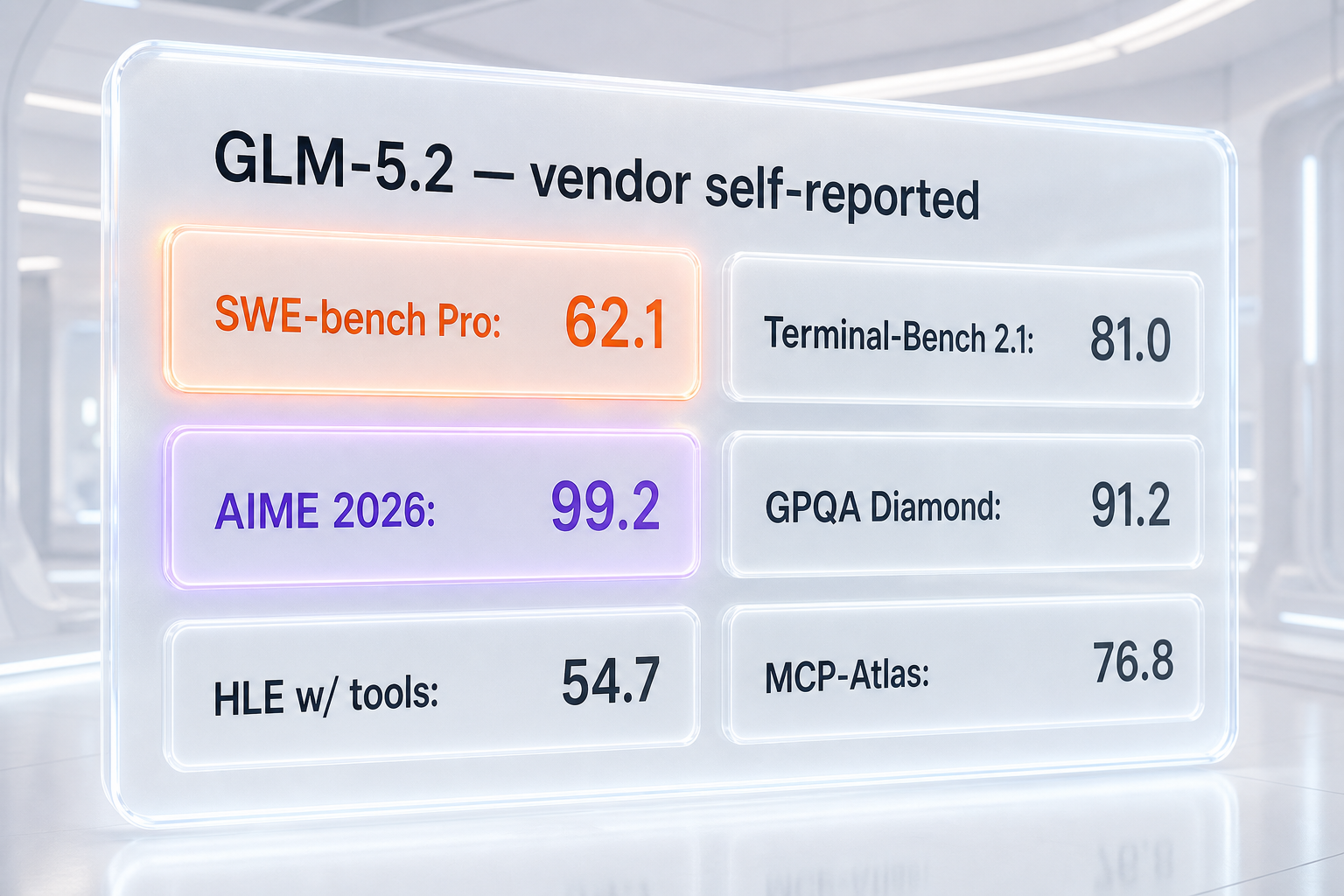 GLM-5.2 vendor self-reported benchmark scores: SWE-bench Pro 62.1, Terminal-Bench 2.1 81.0, AIME 2026 99.2, GPQA Diamond 91.2