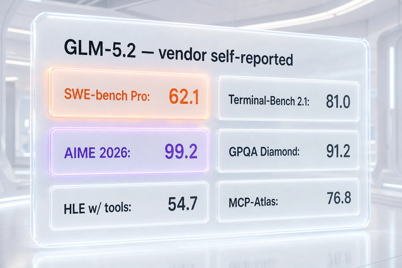 GLM-5.2 vendor self-reported benchmark scores: SWE-bench Pro 62.1, Terminal-Bench 2.1 81.0, AIME 2026 99.2, GPQA Diamond 91.2