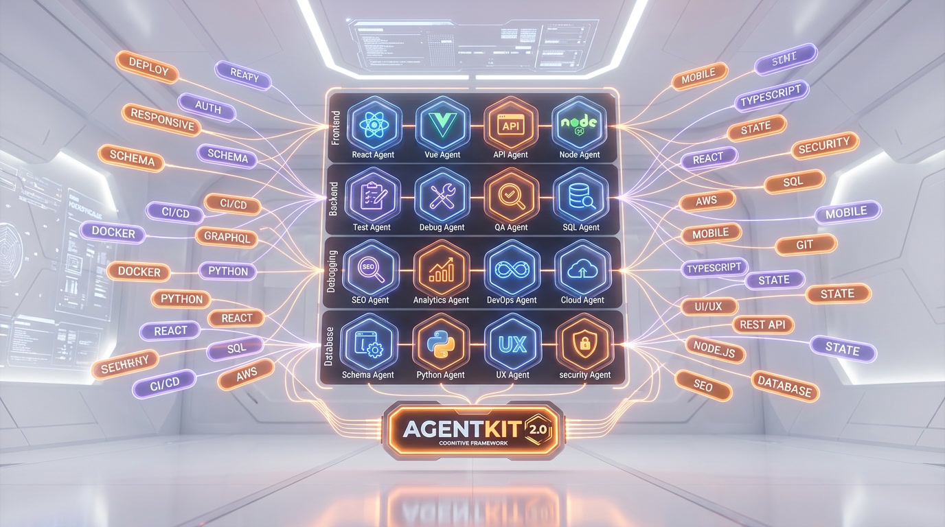 AgentKit 2.0 specialized agents and skills dashboard showing 16 agents and 40+ skills