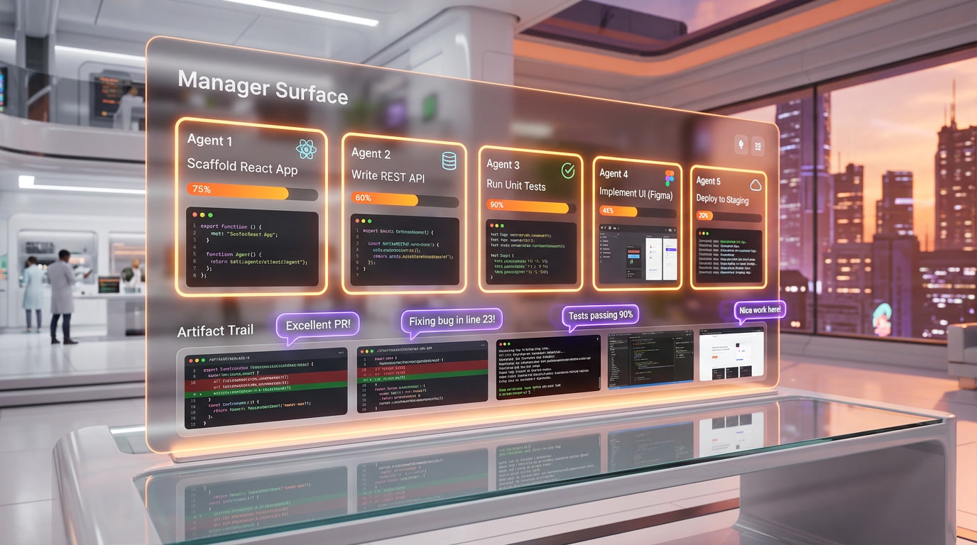 Google Antigravity Manager Surface showing multiple parallel agents working on different tasks with artifact trail