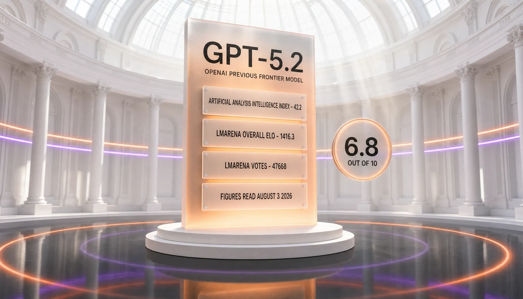 GPT-5.2 review scored 6.8 out of 10 — Artificial Analysis Intelligence Index 42.2, LMArena overall Elo 1416.3 across 47,668 votes, read August 3, 2026