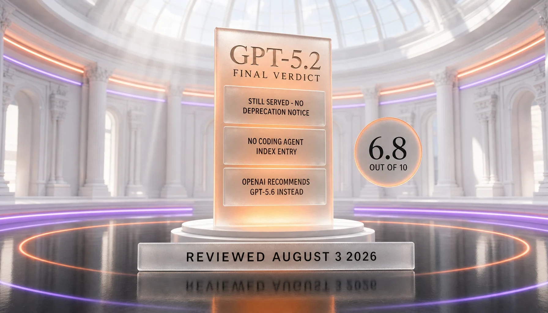 GPT-5.2 verdict — 6.8 out of 10, still served with no deprecation notice for the base model, no independent coding index entry, and OpenAI recommending GPT-5.6 instead, read August 3, 2026