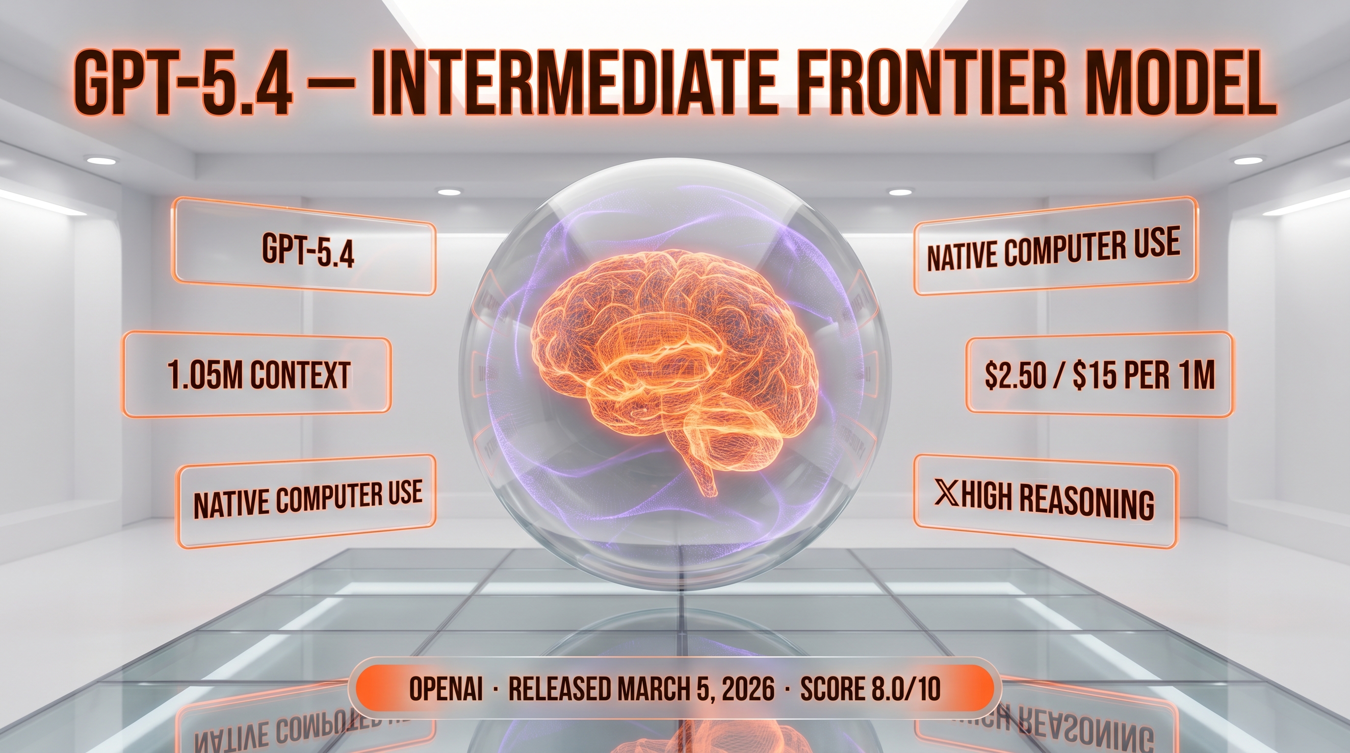 GPT-5.4 review — 8.0/10, OpenAI intermediate frontier LLM 1.05M context $2.50 per million tokens
