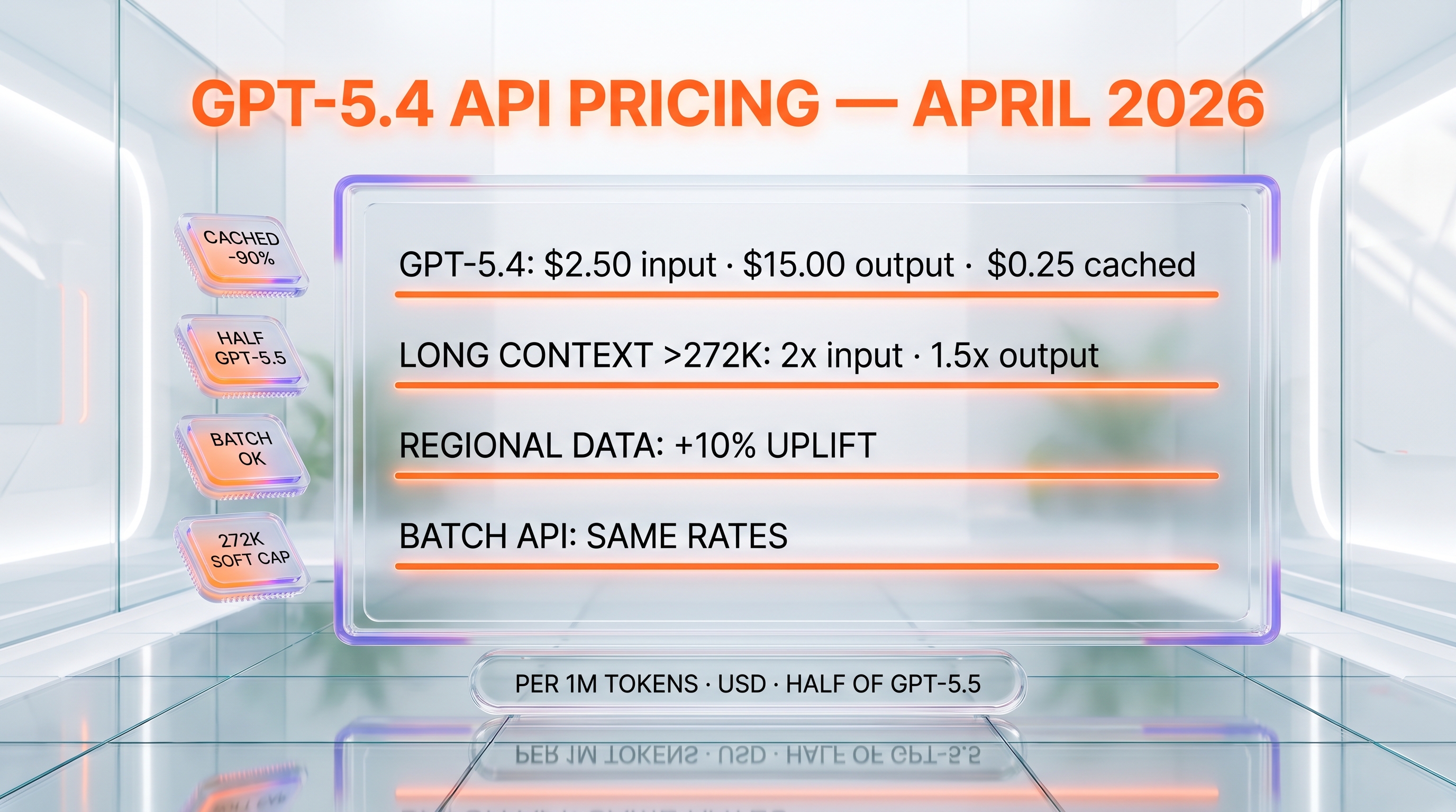 GPT-5.4 pricing — $2.50 per million input tokens, $15 per million output tokens, $0.25 cached input